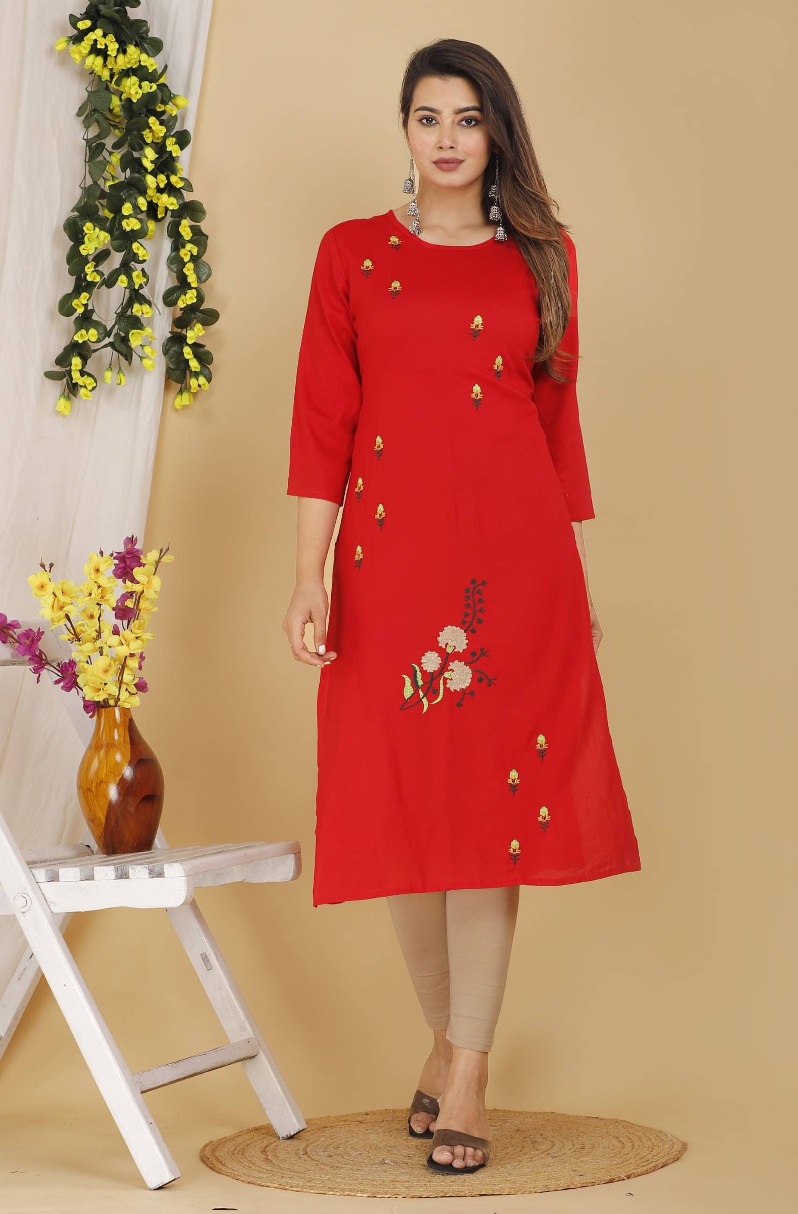     			jain creation Women's Viscose Rayon Embroidered A-line Kurti - ( Red )