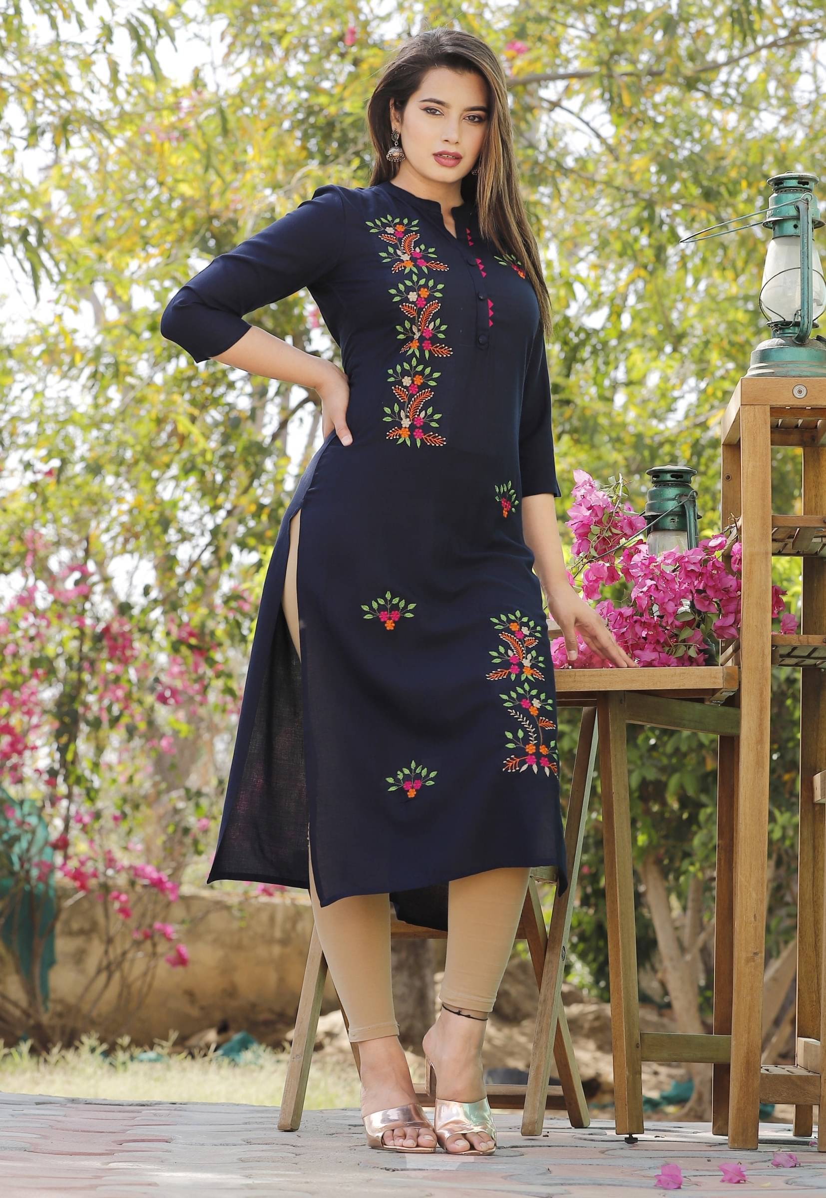     			jain creation Women's Viscose Rayon Embroidered Straight Kurti - ( Multicolor )