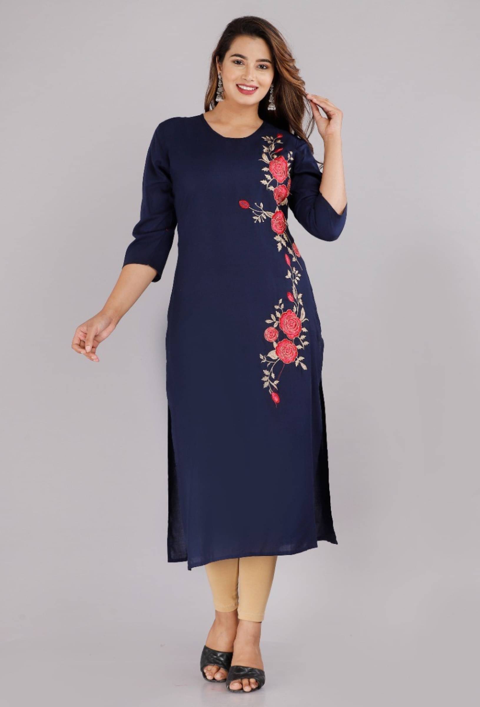 jain creation Women's Viscose Rayon Embroidered Straight Kurti - ( Blue ) jain creation Women's Viscose Rayon Embroidered Straight Kurti - ( Blue )