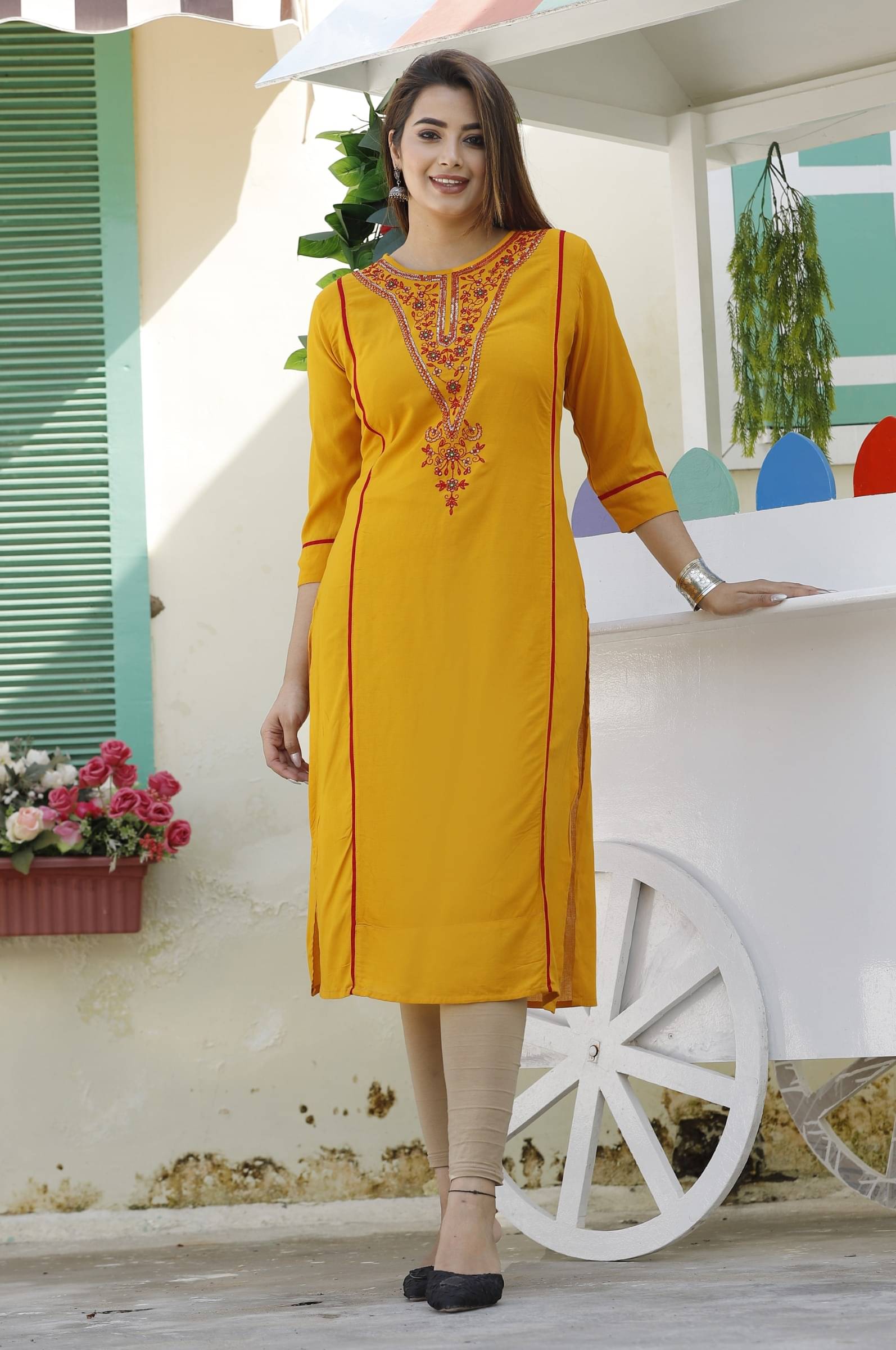     			jain creation Women's Viscose Rayon Embroidered A-line Kurti - ( Yellow )
