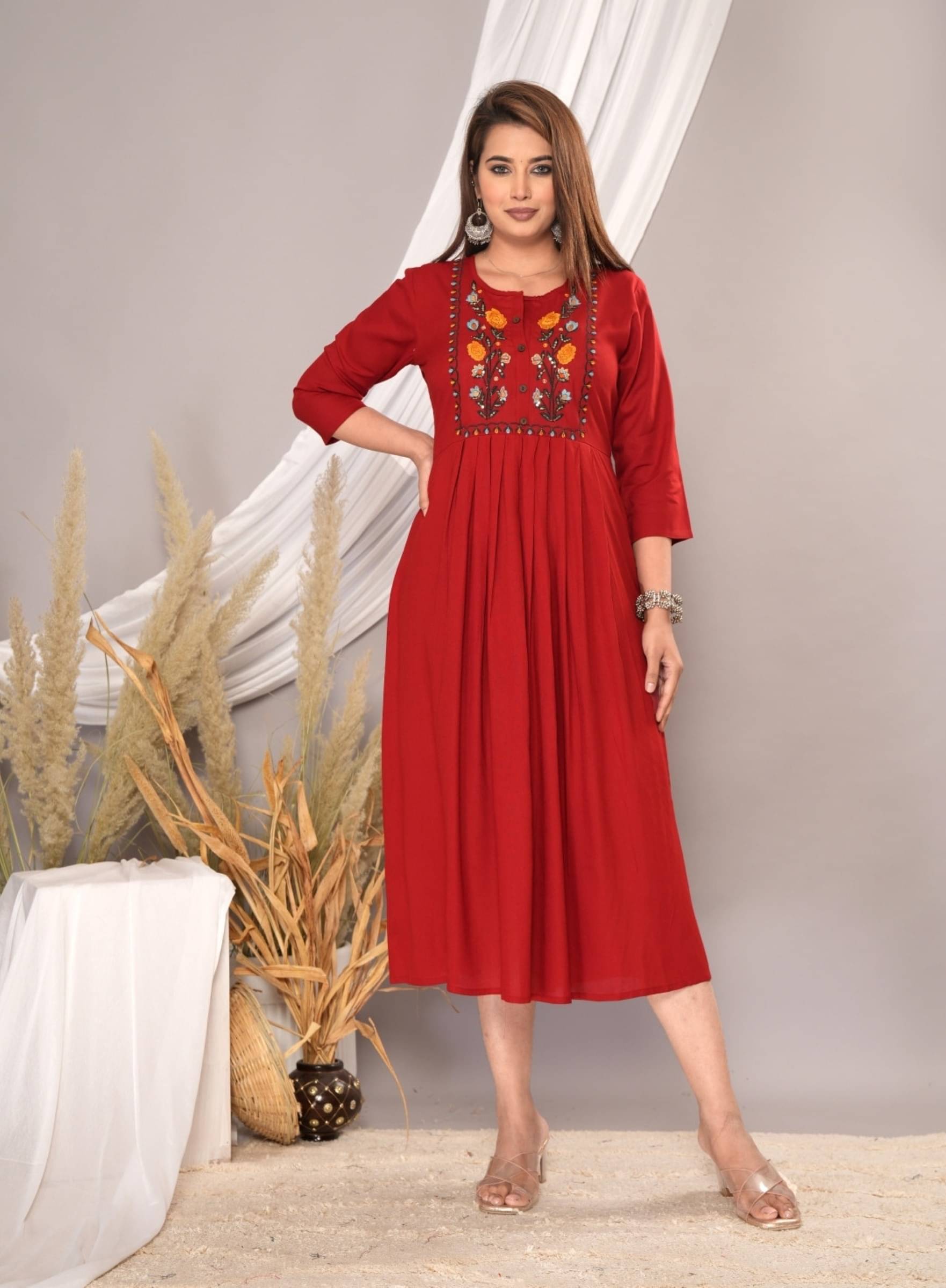 jain creation Women's Viscose Rayon Embroidered Anarkali Kurti - ( Maroon ) jain creation Women's Viscose Rayon Embroidered Anarkali Kurti - ( Maroon )