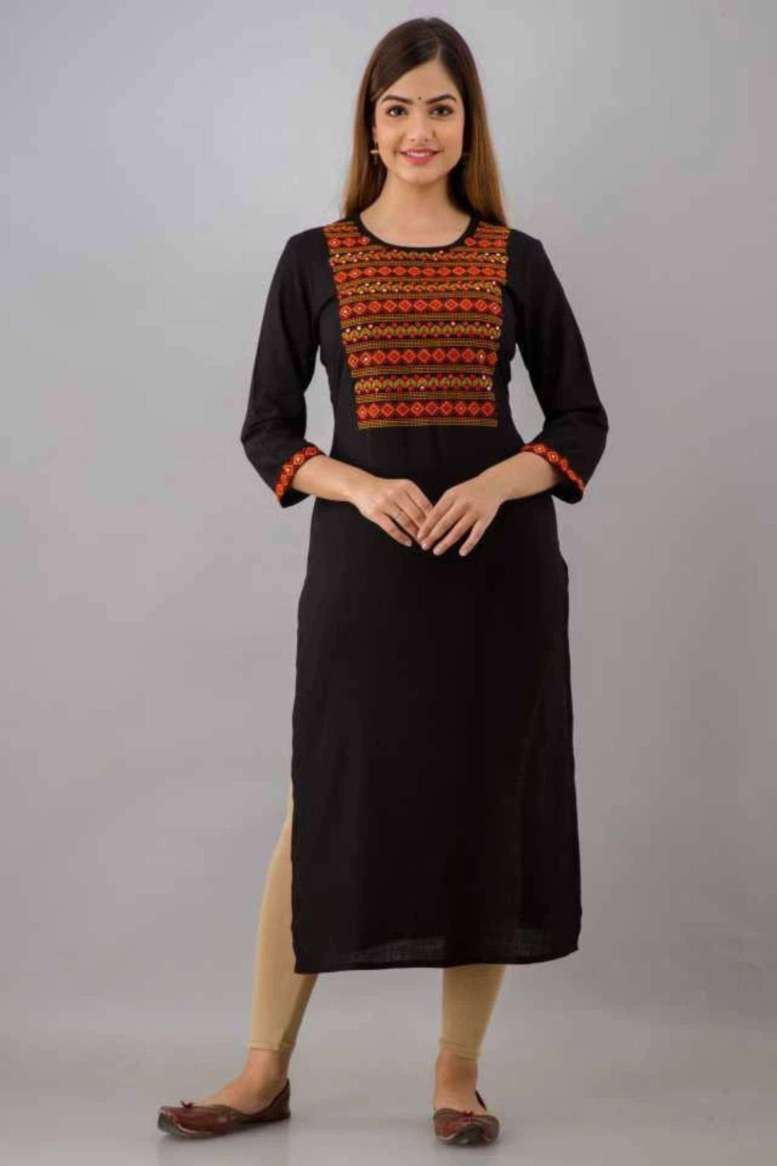    			jain creation Women's Viscose Rayon Embroidered Straight Kurti - ( Black )