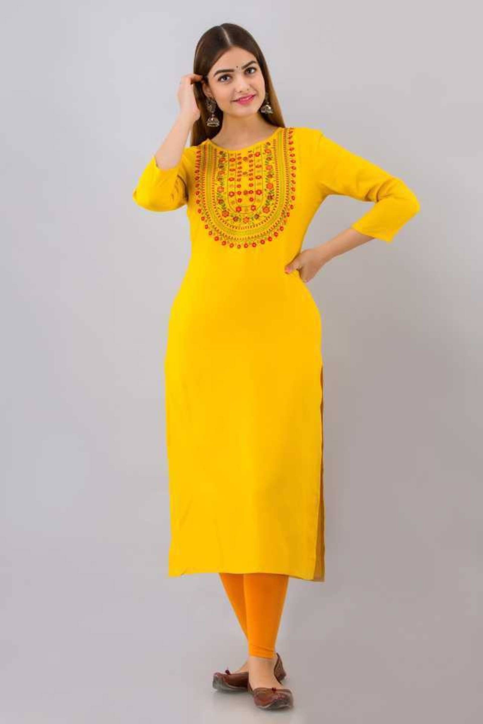 jain creation Women's Viscose Rayon Embroidered Straight Kurti - ( Yellow ) jain creation Women's Viscose Rayon Embroidered Straight Kurti - ( Yellow )