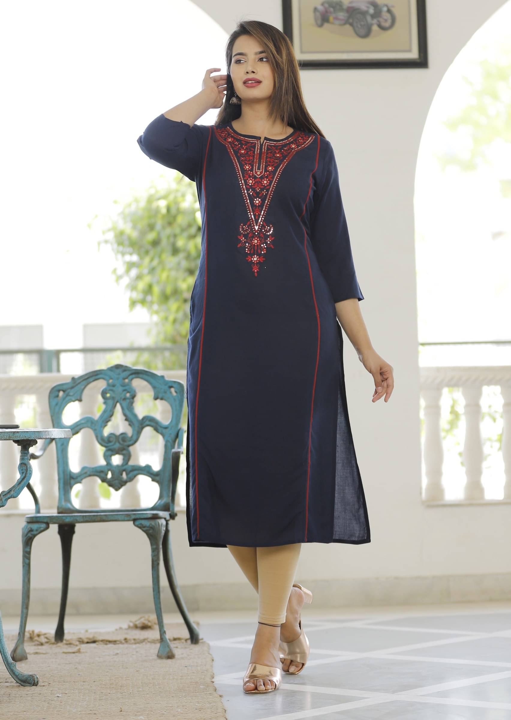     			jain creation Women's Viscose Rayon Embroidered A-line Kurti - ( Dark Blue )