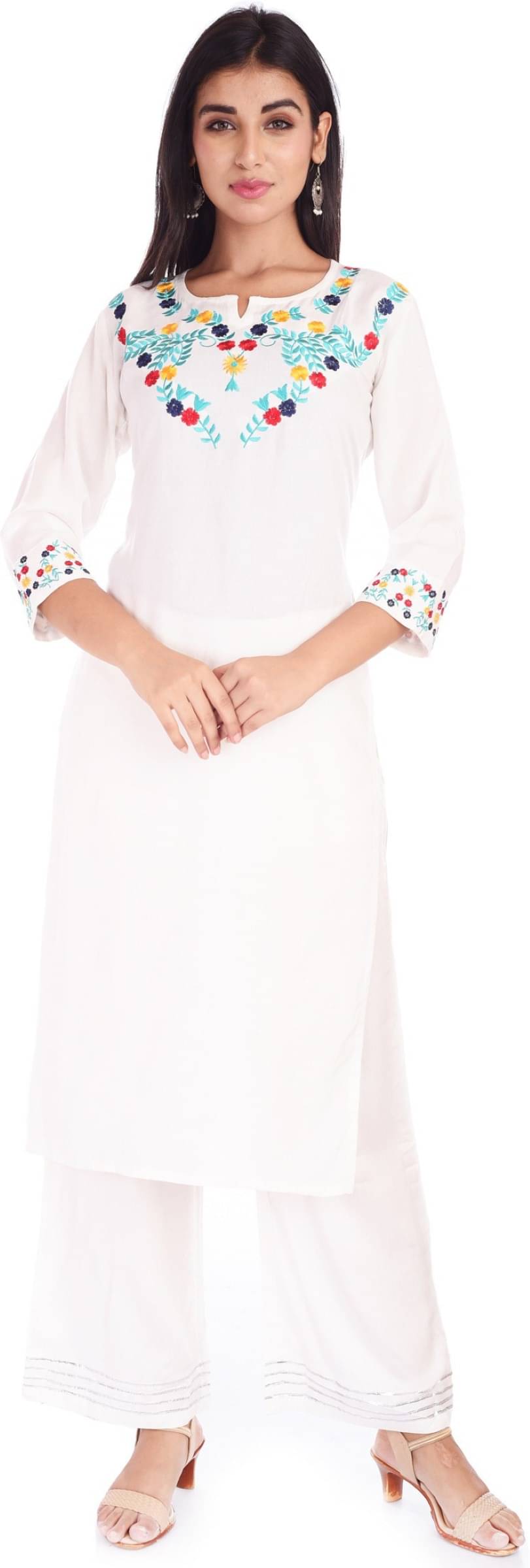jain creation Women's Viscose Rayon Embroidered Straight Kurti - ( White ) jain creation Women's Viscose Rayon Embroidered Straight Kurti - ( White )
