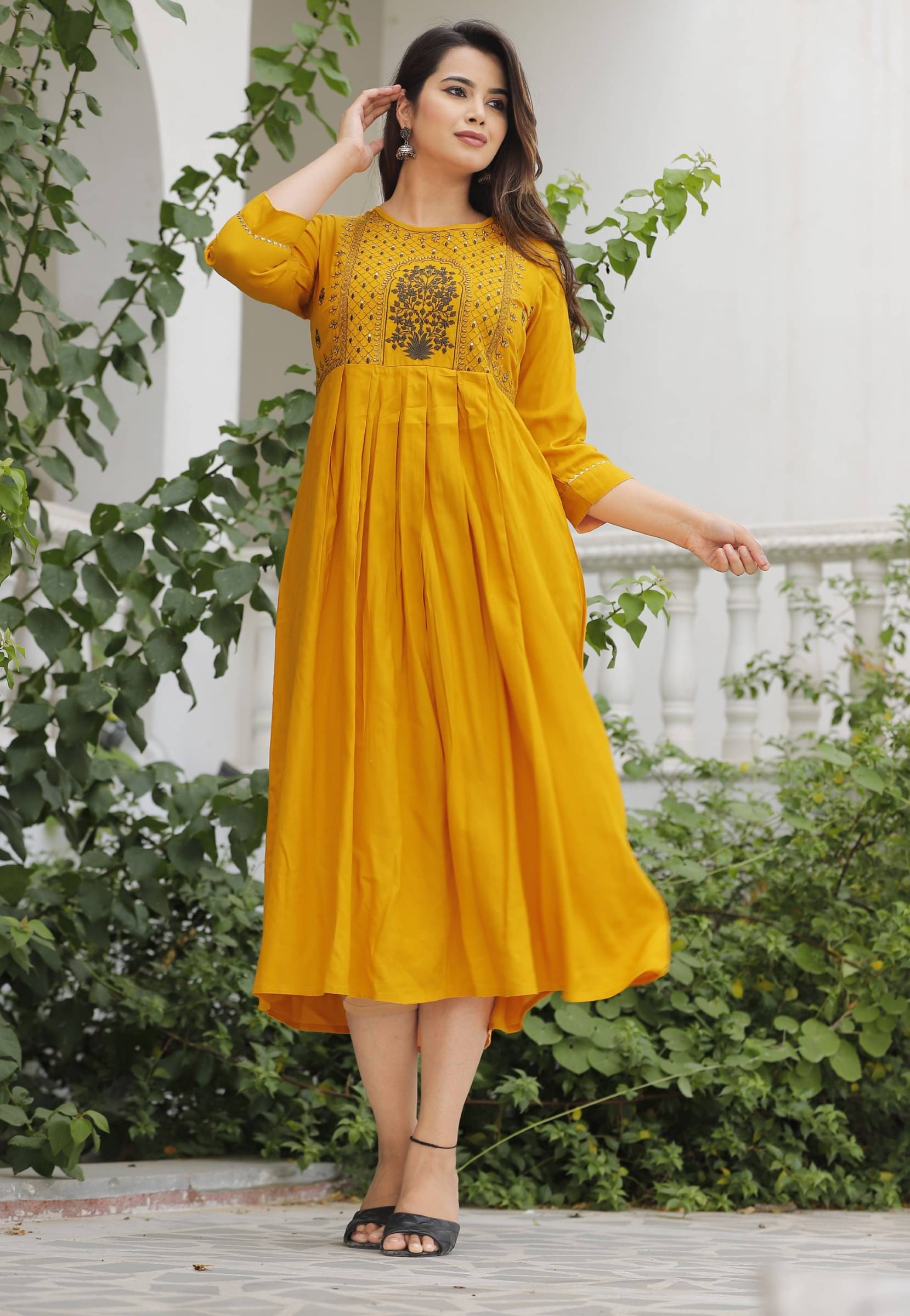jain creation Women's Viscose Rayon Embroidered Flared Kurti - ( Yellow ) jain creation Women's Viscose Rayon Embroidered Flared Kurti - ( Yellow )