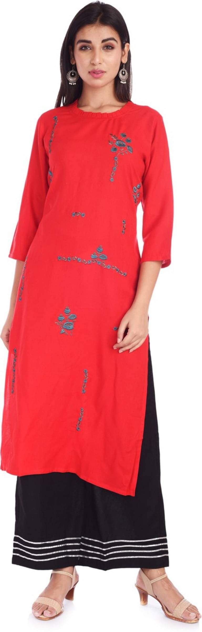 jain creation Women's Viscose Rayon Embroidered Straight Kurti - ( Red ) jain creation Women's Viscose Rayon Embroidered Straight Kurti - ( Red )