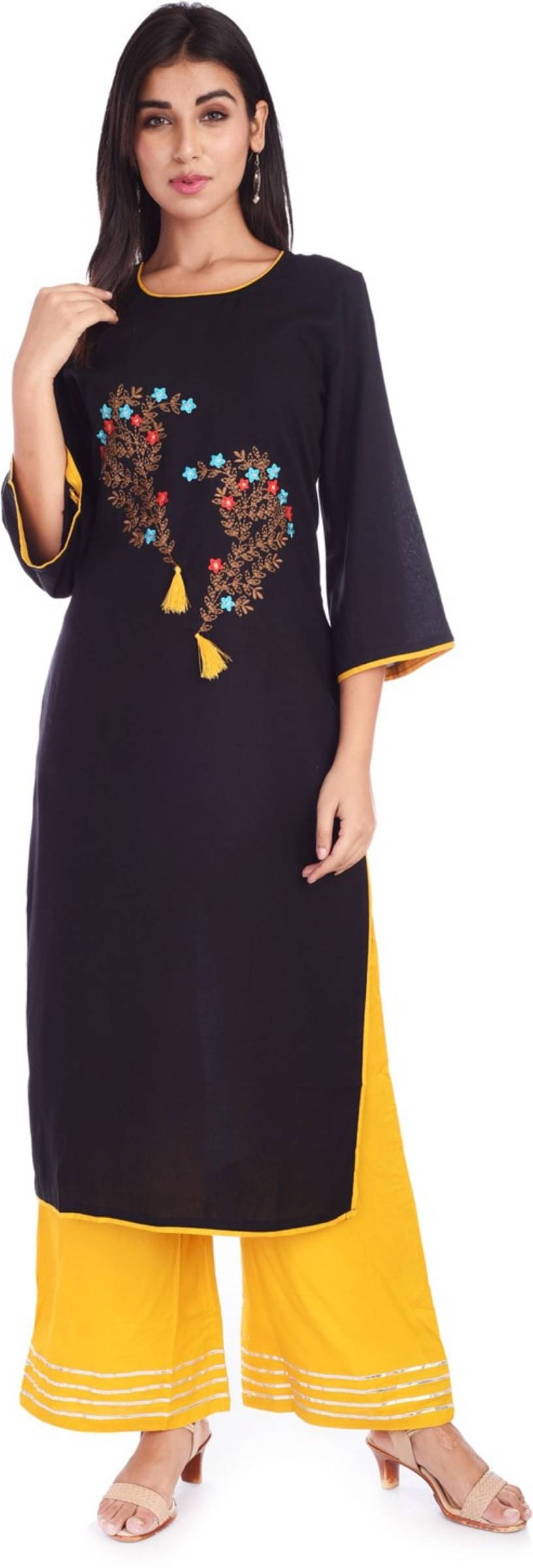     			jain creation Women's Viscose Rayon Embroidered Straight Kurti - ( Black )