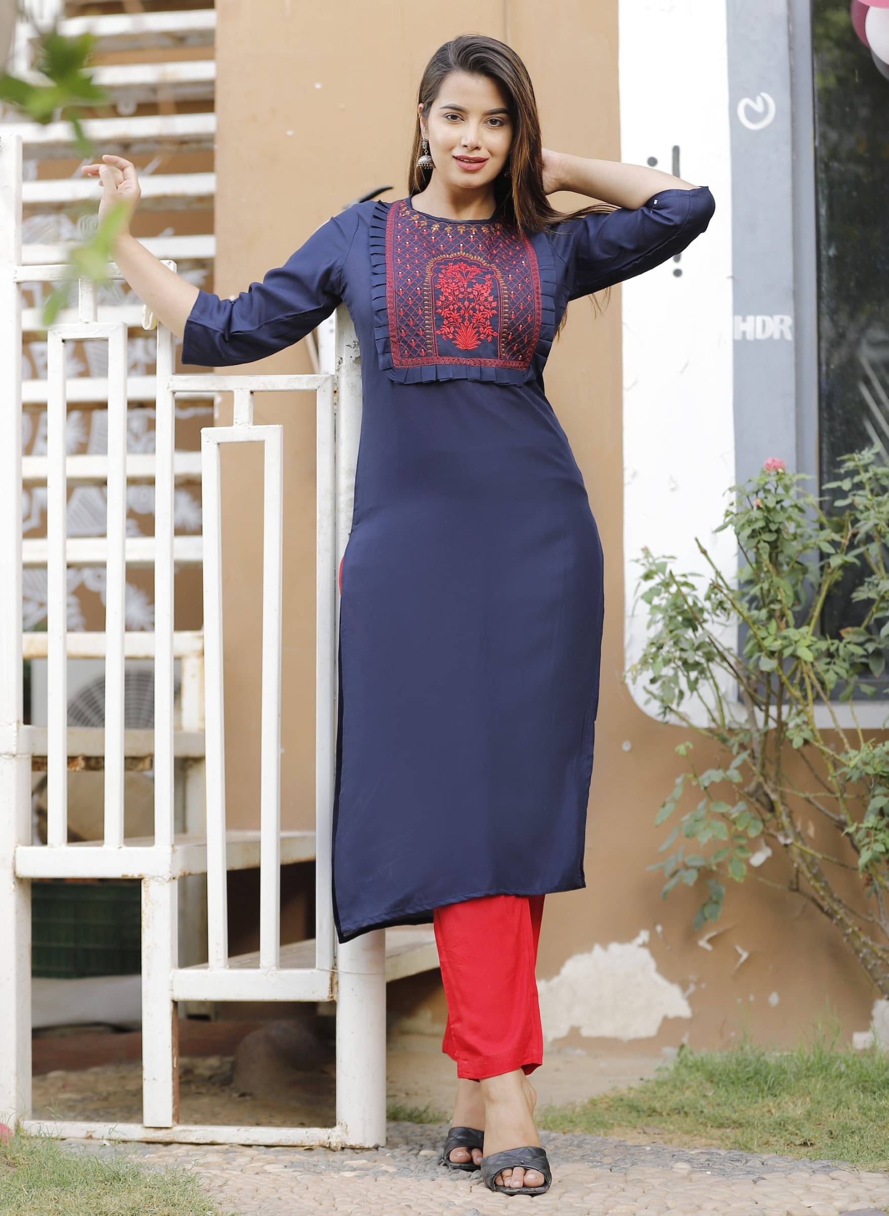     			jain creation Women's Viscose Rayon Embroidered Straight Kurti - ( Dark Blue )