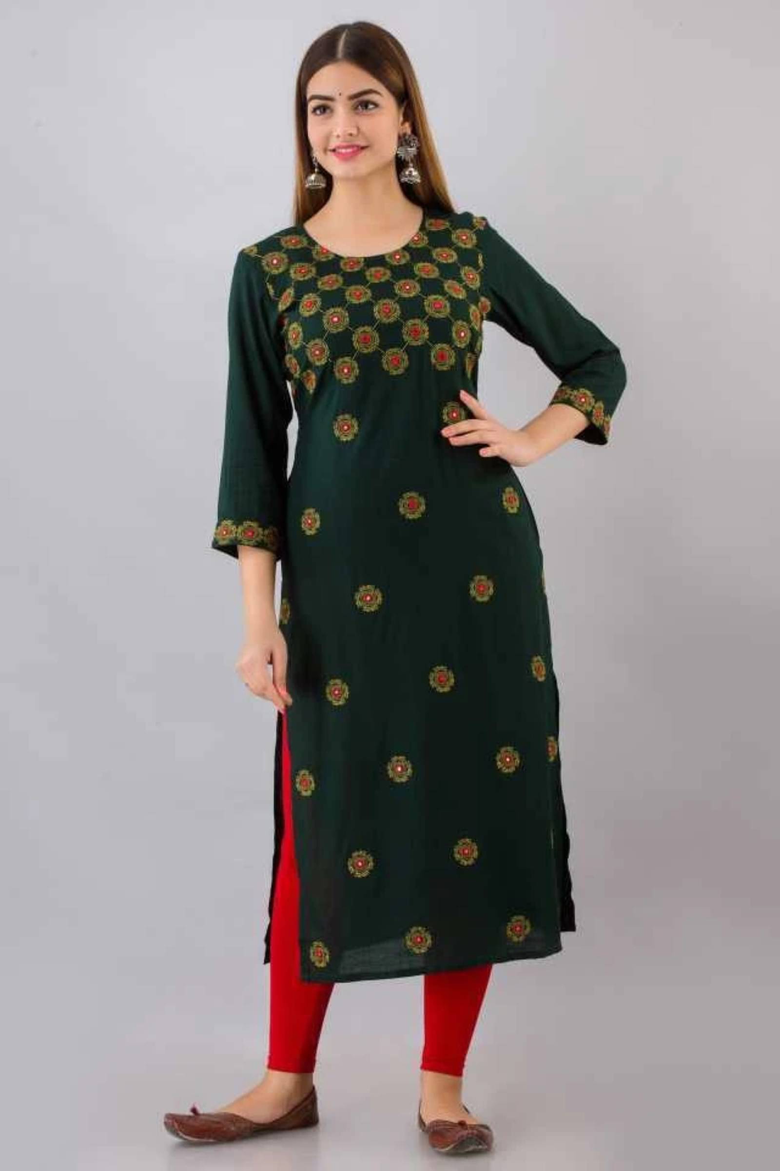 jain creation Women's Viscose Rayon Embellished Straight Kurti - ( Dark Green ) jain creation Women's Viscose Rayon Embellished Straight Kurti - ( Dark Green )