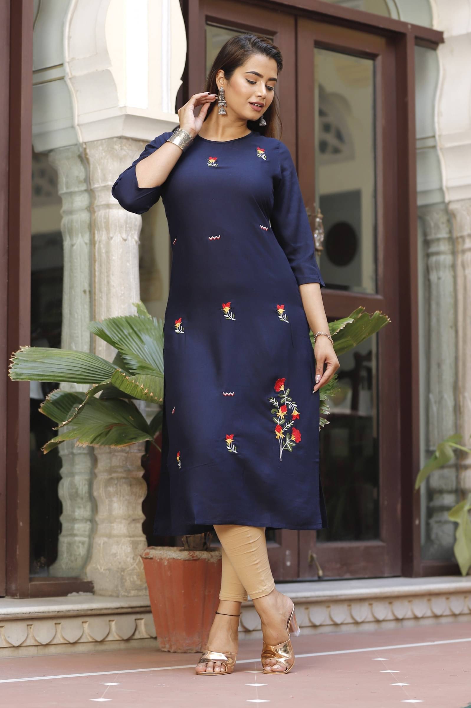     			jain creation Women's Viscose Rayon Embroidered Straight Kurti - ( Dark Blue )