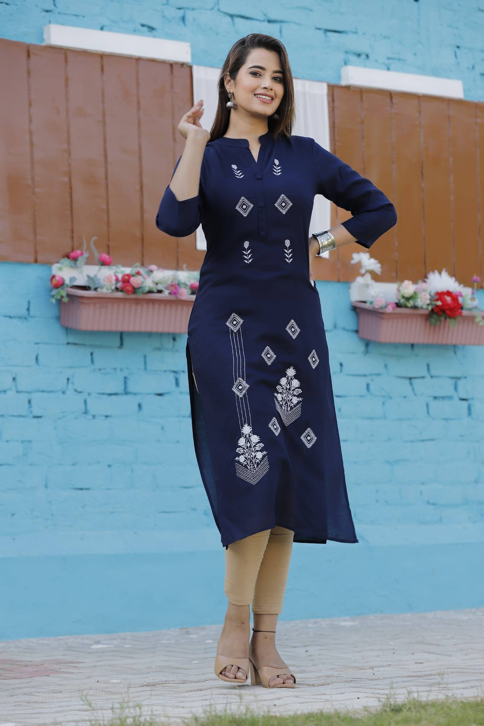 jain creation Women's Viscose Rayon Embroidered Straight Kurti - ( Dark Blue ) jain creation Women's Viscose Rayon Embroidered Straight Kurti - ( Dark Blue )