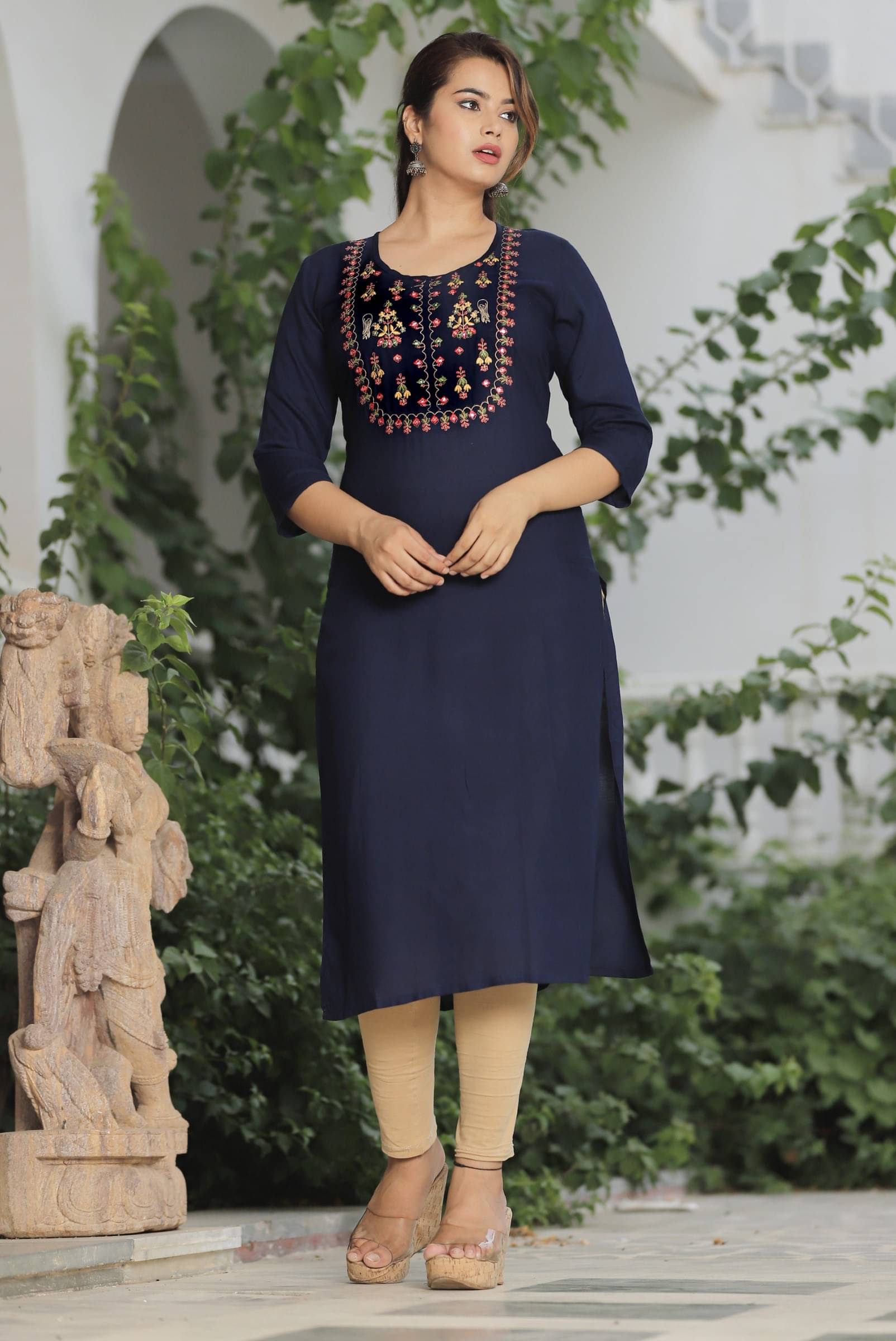 jain creation Women's Viscose Rayon Embroidered Straight Kurti - ( Dark Blue ) jain creation Women's Viscose Rayon Embroidered Straight Kurti - ( Dark Blue )
