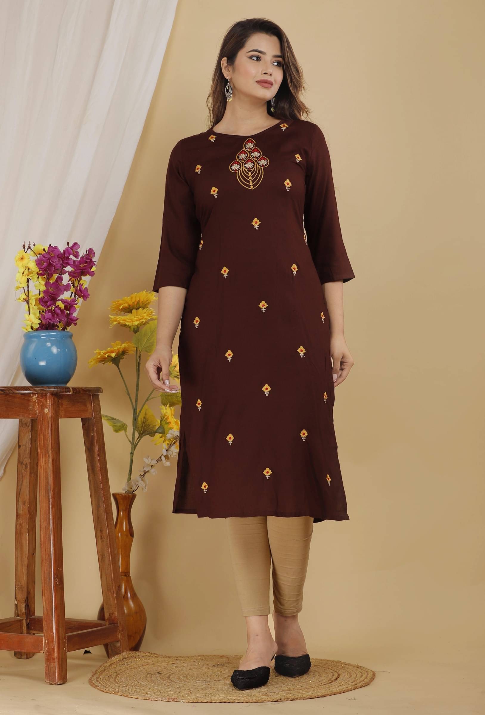 jain creation Women's Viscose Rayon Embroidered Straight Kurti - ( Orange ) jain creation Women's Viscose Rayon Embroidered Straight Kurti - ( Orange )