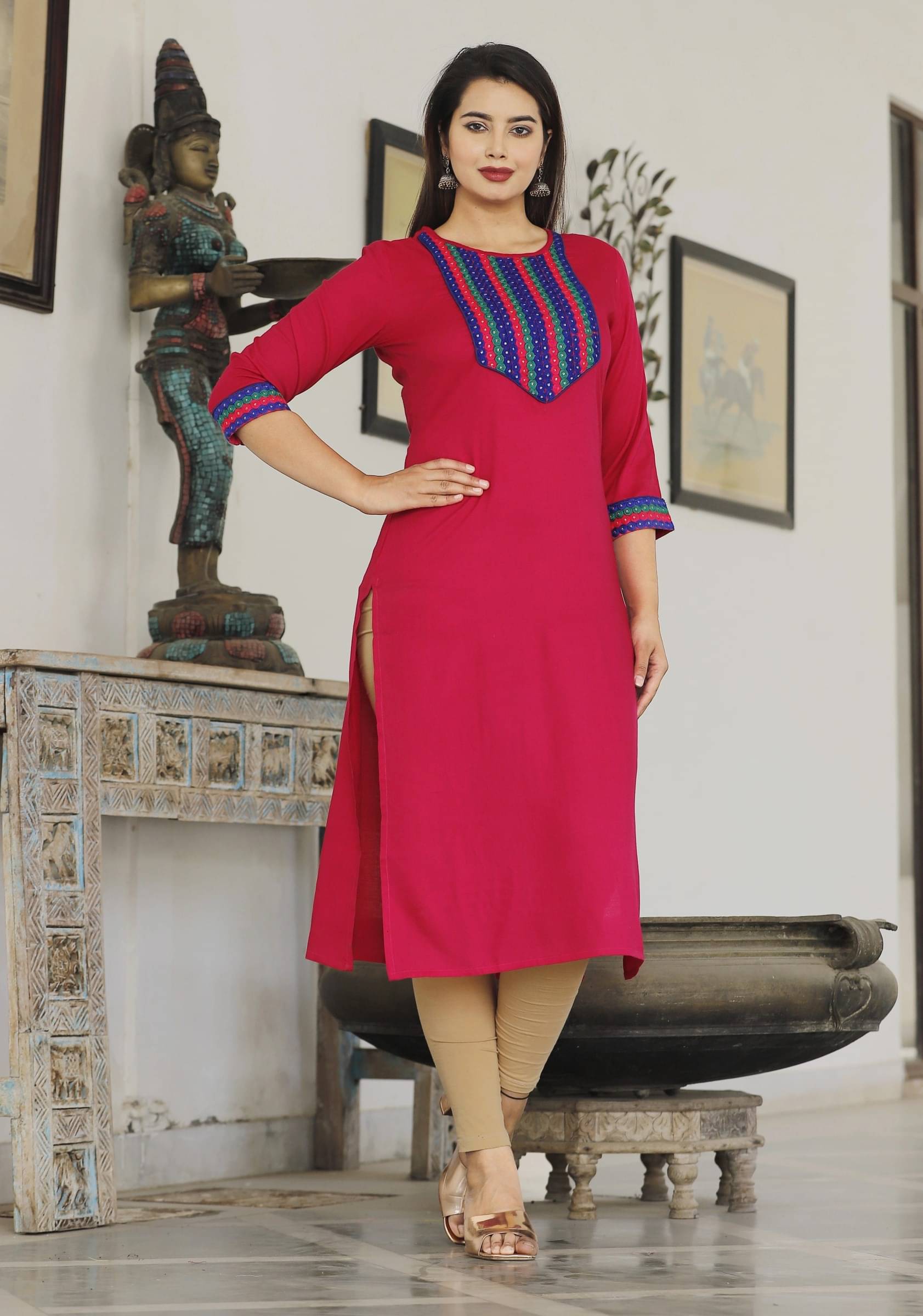 jain creation Women's Viscose Rayon Embroidered Straight Kurti - ( Pink ) jain creation Women's Viscose Rayon Embroidered Straight Kurti - ( Pink )
