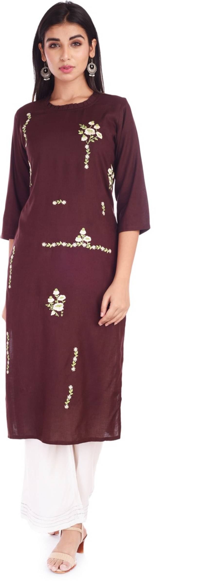 jain creation Women's Viscose Rayon Embroidered Straight Kurti - ( Brown ) jain creation Women's Viscose Rayon Embroidered Straight Kurti - ( Brown )