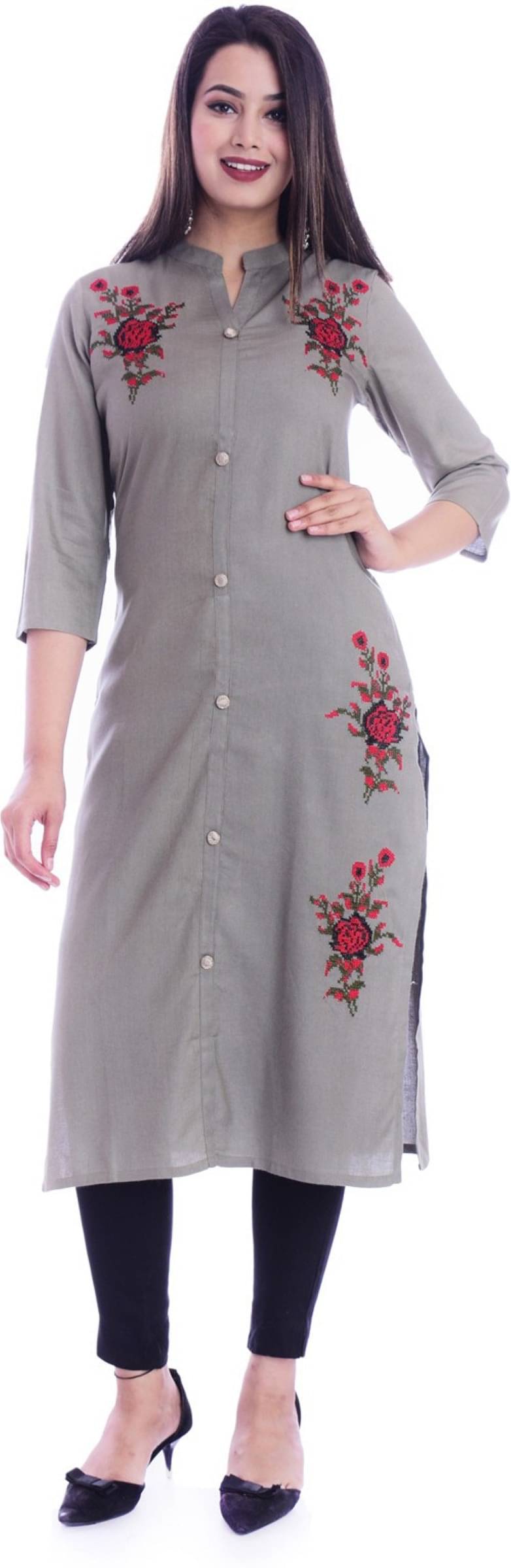     			jain creation Women's Viscose Rayon Embroidered Straight Kurti - ( Grey )