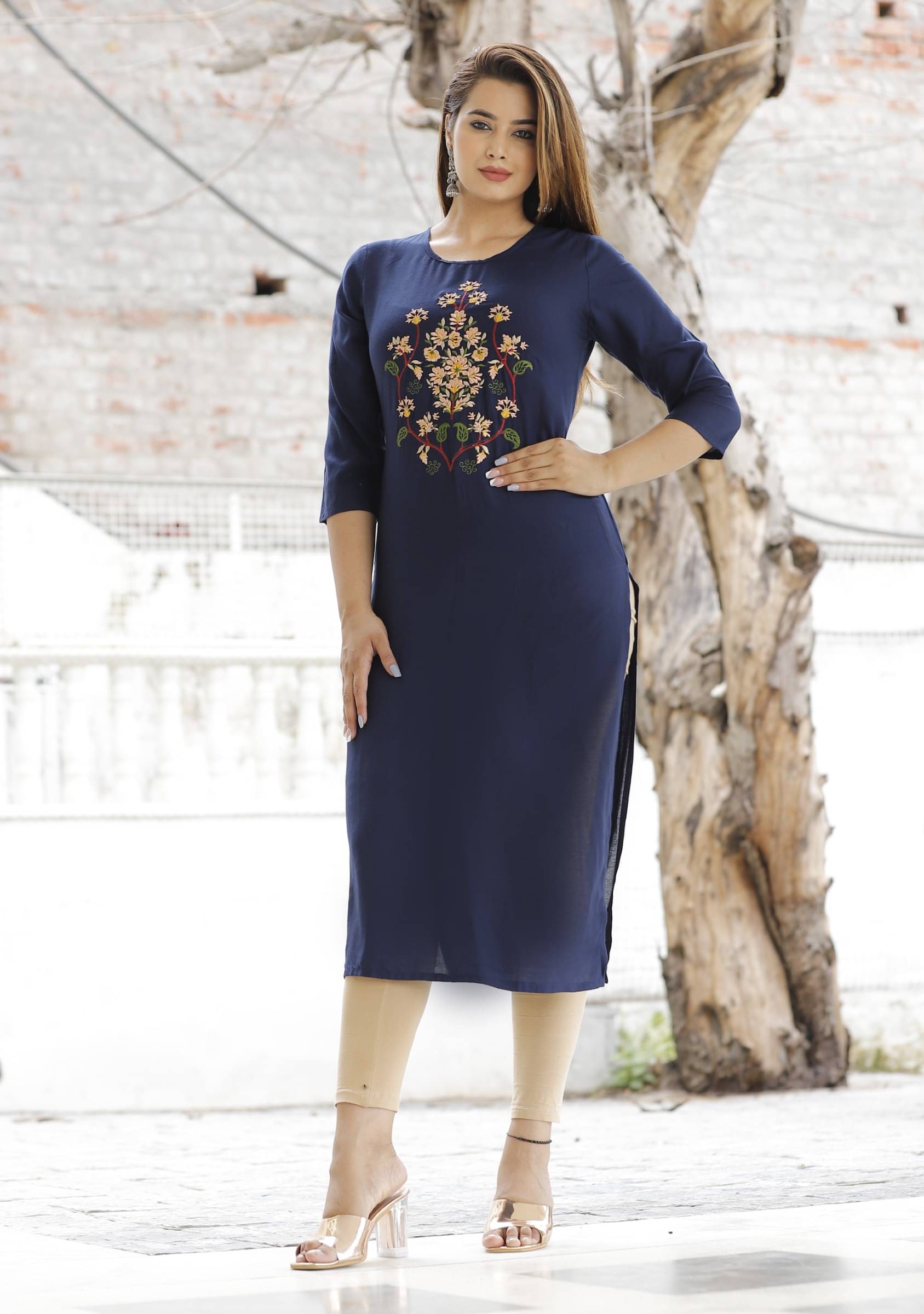     			jain creation Women's Viscose Rayon Embroidered Straight Kurti - ( Dark Blue )