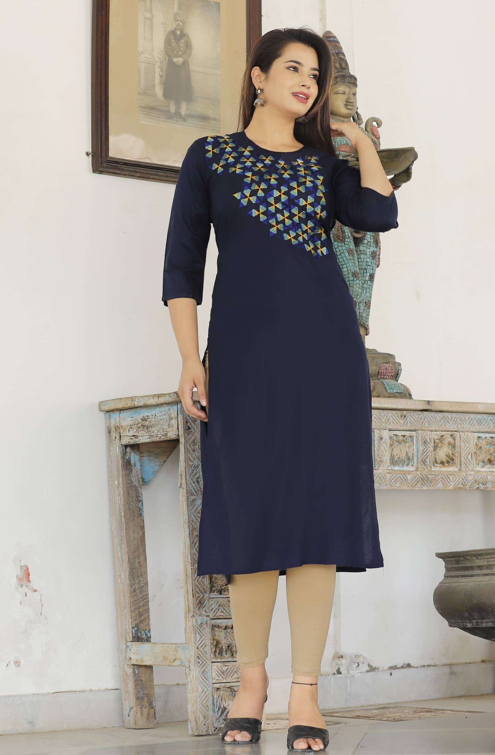 jain creation Women's Viscose Rayon Embroidered Straight Kurti - ( Dark Blue ) jain creation Women's Viscose Rayon Embroidered Straight Kurti - ( Dark Blue )
