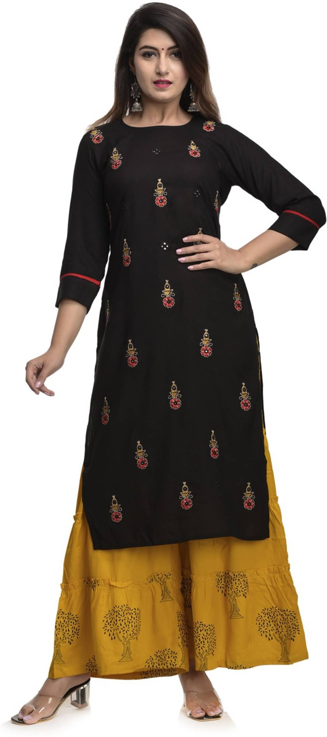 jain creation Women's Viscose Rayon Embroidered Straight Kurti - ( Black ) jain creation Women's Viscose Rayon Embroidered Straight Kurti - ( Black )