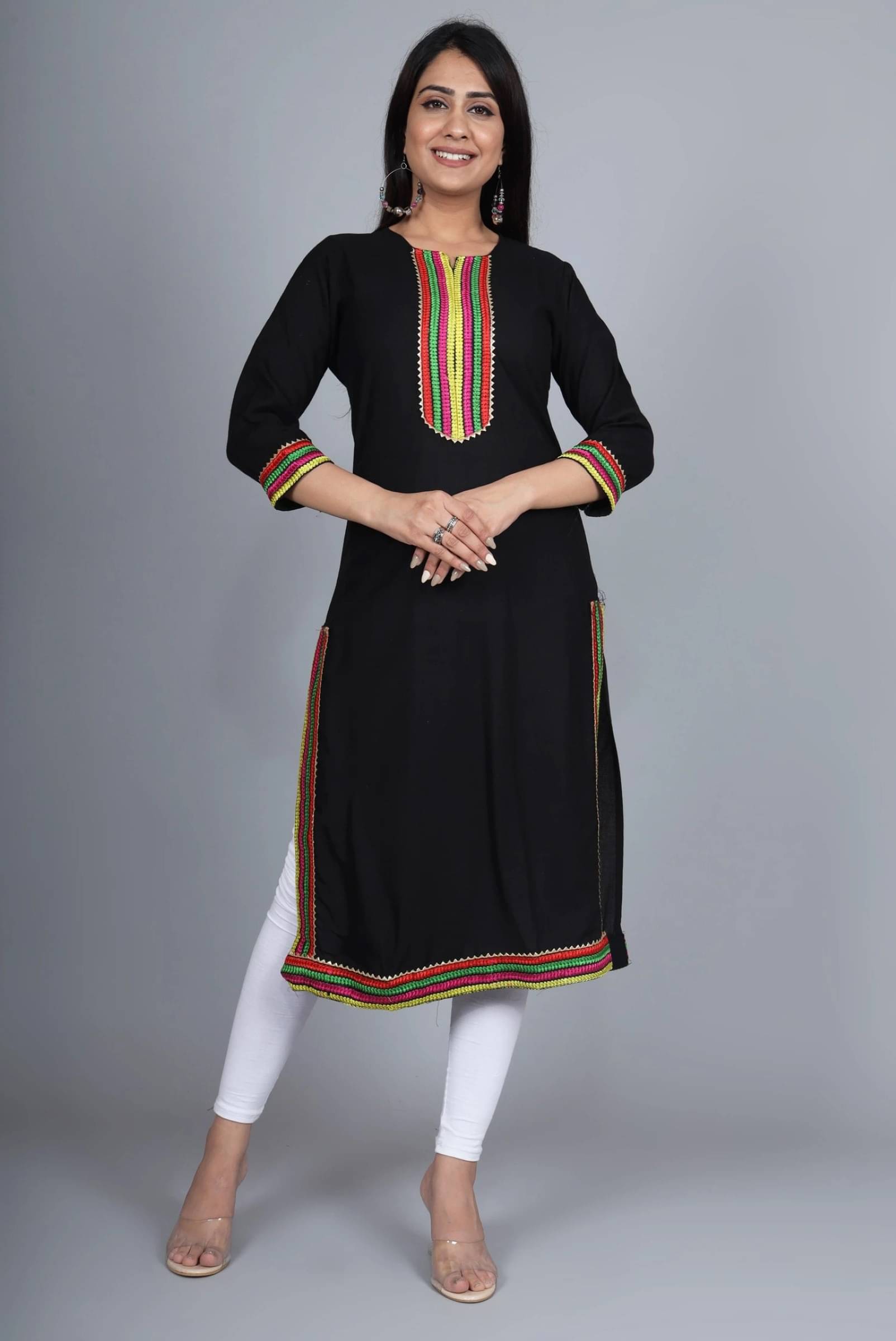 jain creation Women's Viscose Rayon Embroidered Straight Kurti - ( Black ) jain creation Women's Viscose Rayon Embroidered Straight Kurti - ( Black )