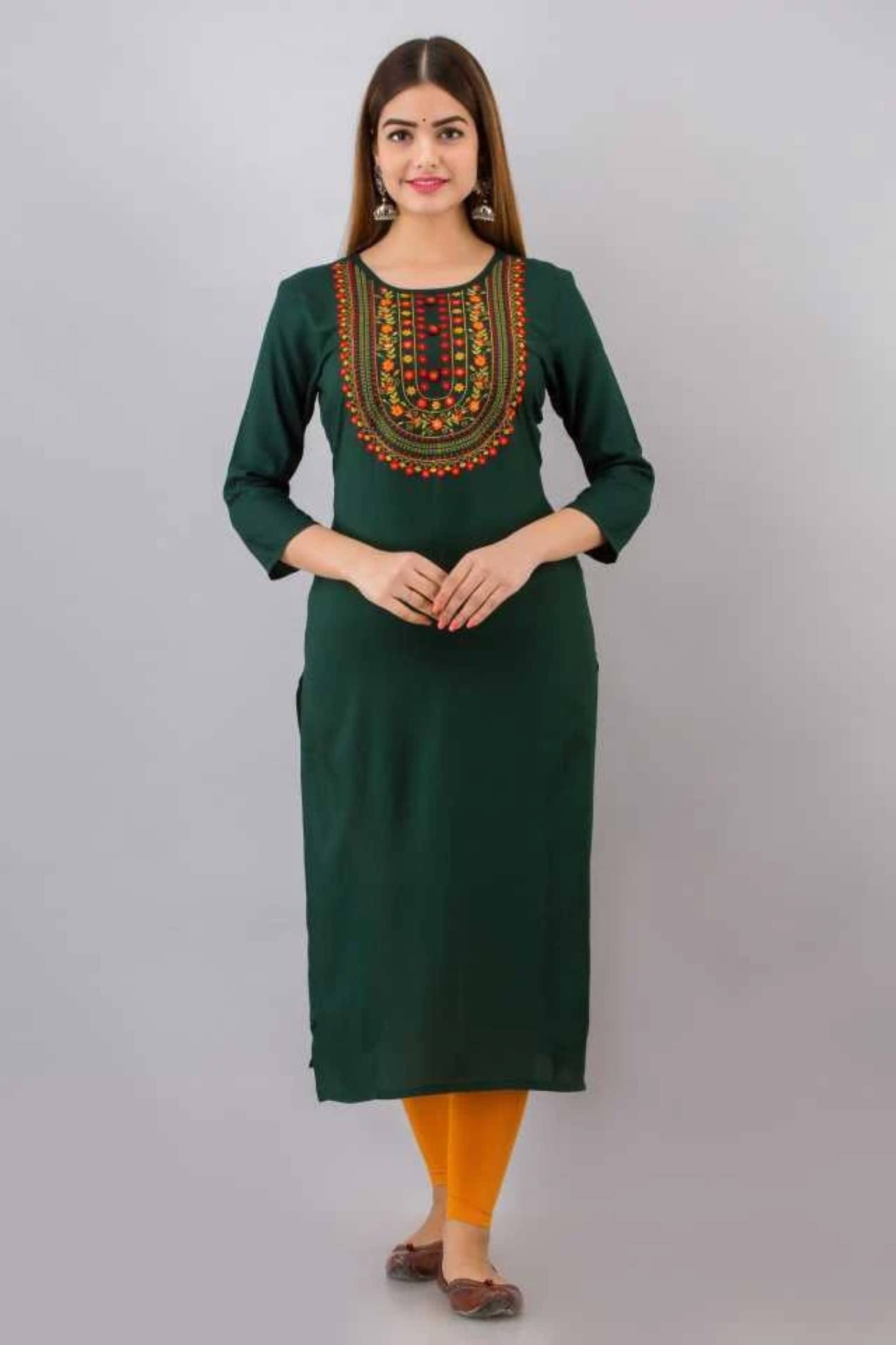     			jain creation Women's Viscose Rayon Embroidered Straight Kurti - ( Dark Green )