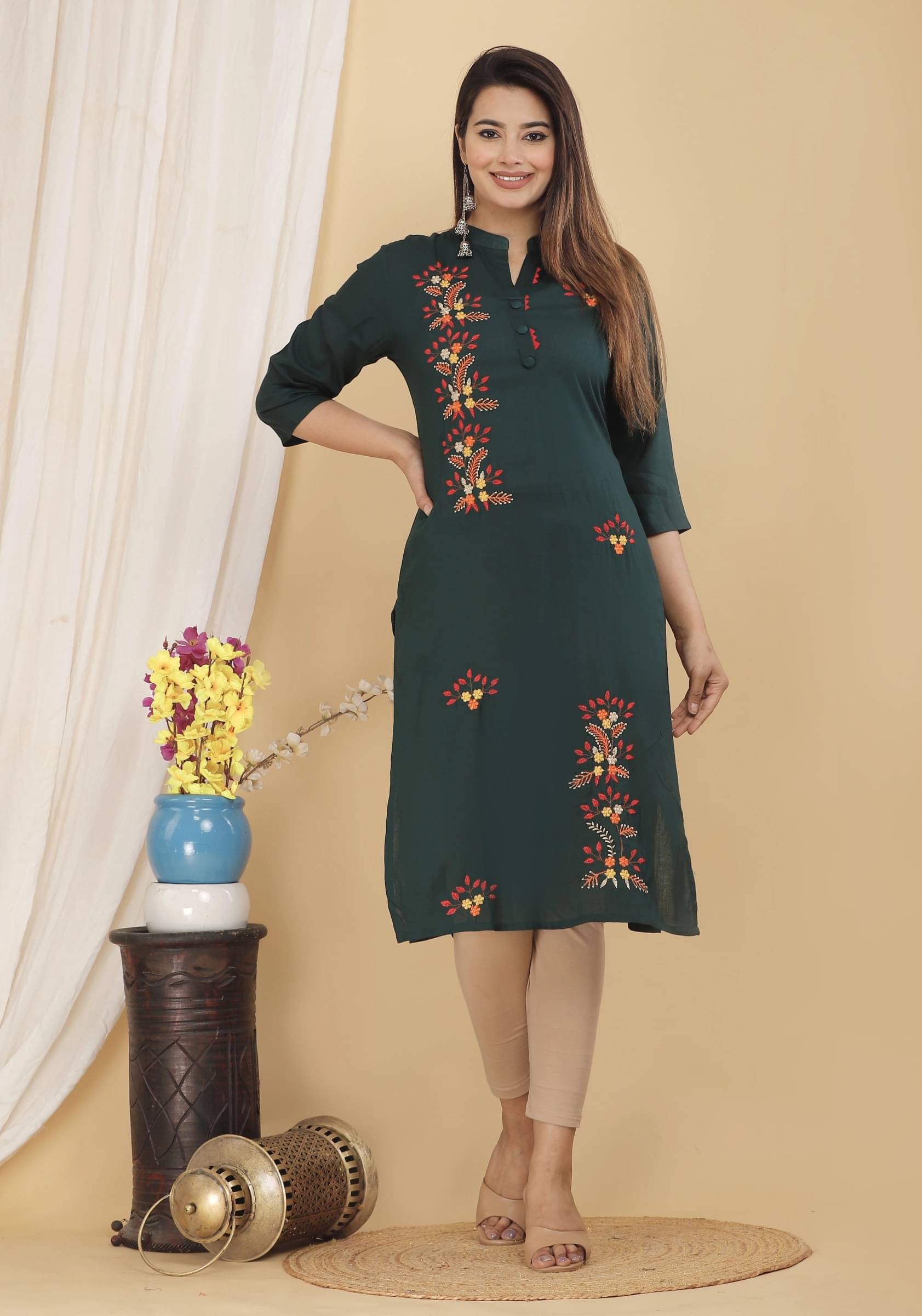     			jain creation Women's Viscose Rayon Embroidered Straight Kurti - ( Dark Green )