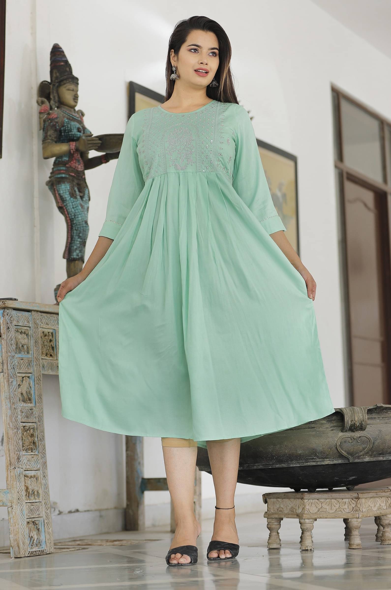 jain creation Women's Viscose Rayon Embroidered Flared Kurti - ( Light Green ) jain creation Women's Viscose Rayon Embroidered Flared Kurti - ( Light Green )