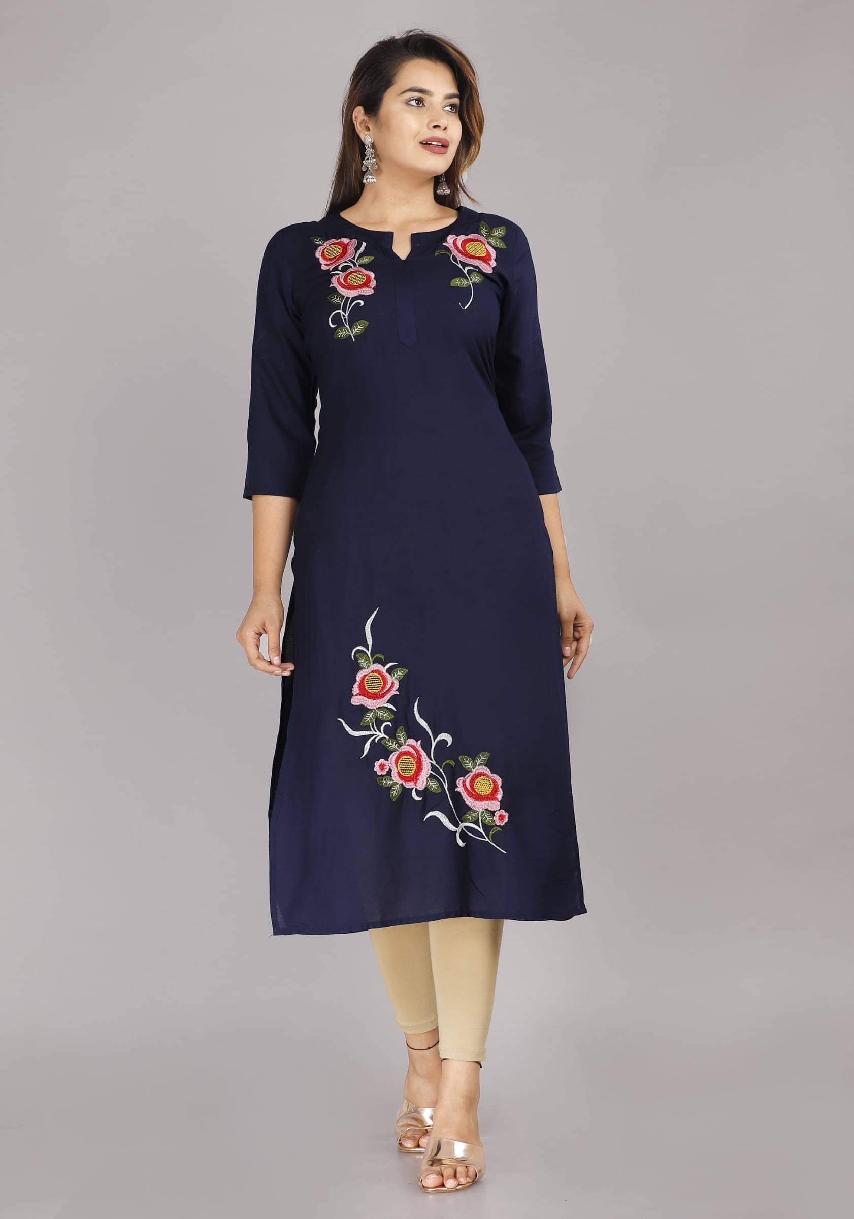     			jain creation Women's Viscose Rayon Embroidered Straight Kurti - ( Dark Blue )