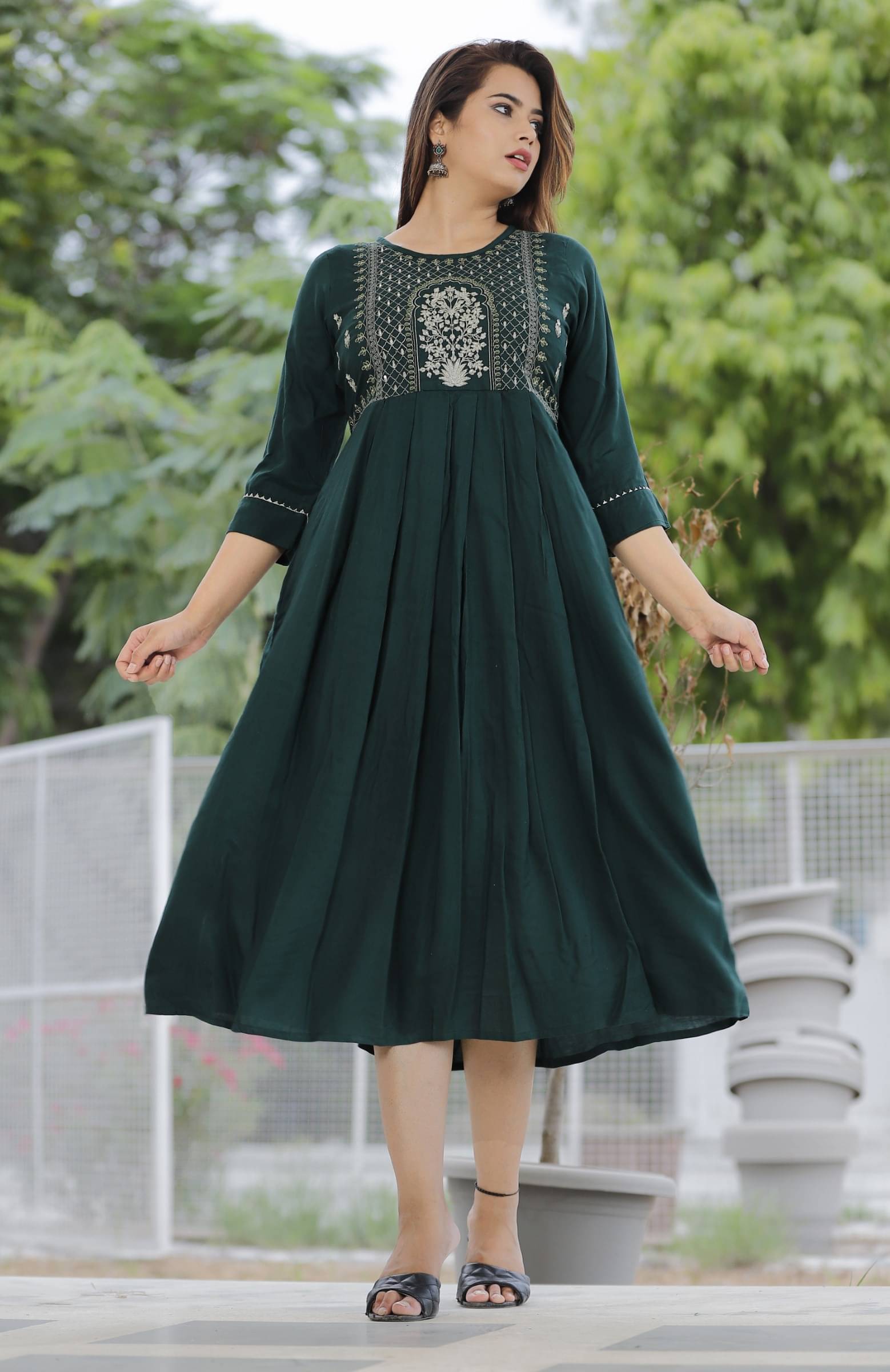 jain creation Women's Viscose Rayon Embroidered Flared Kurti - ( Dark Green ) jain creation Women's Viscose Rayon Embroidered Flared Kurti - ( Dark Green )