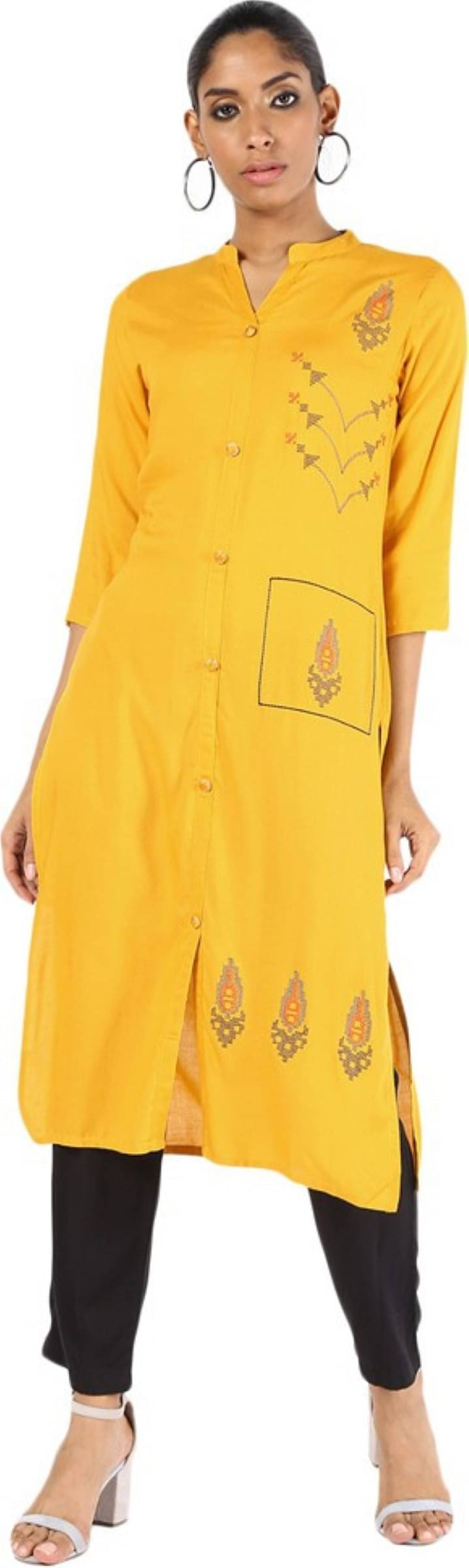 jain creation Women's Viscose Rayon Embroidered Straight Kurti - ( Yellow ) jain creation Women's Viscose Rayon Embroidered Straight Kurti - ( Yellow )