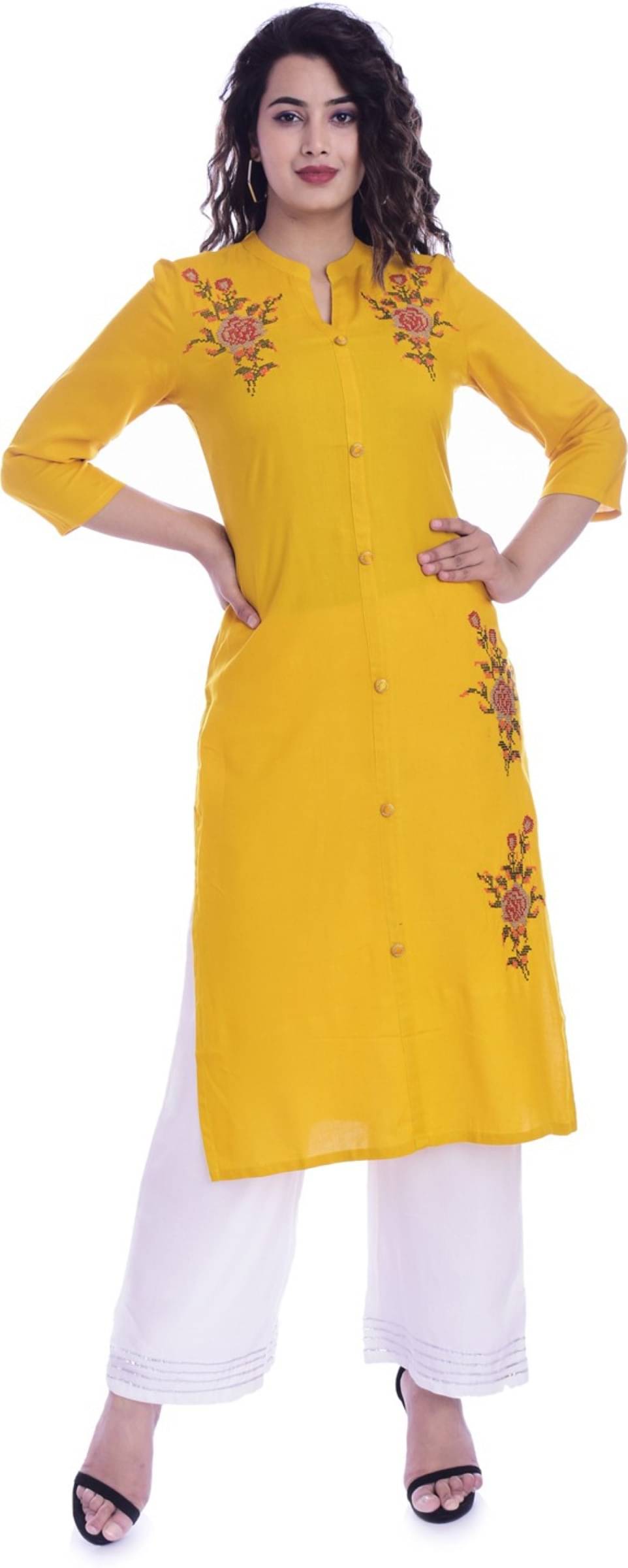     			jain creation Women's Viscose Rayon Embroidered Straight Kurti - ( Yellow )