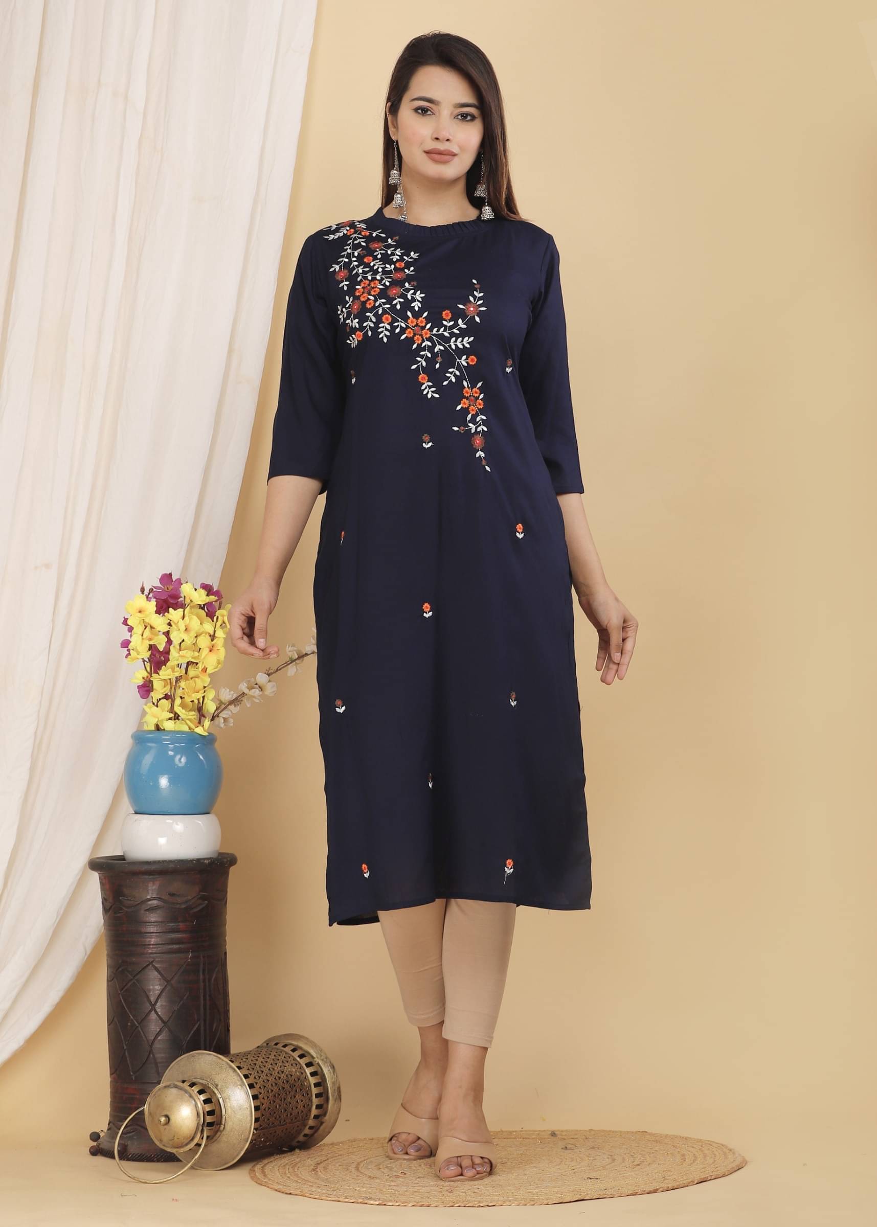 jain creation Women's Viscose Rayon Embroidered A-line Kurti - ( Dark Blue ) jain creation Women's Viscose Rayon Embroidered A-line Kurti - ( Dark Blue )