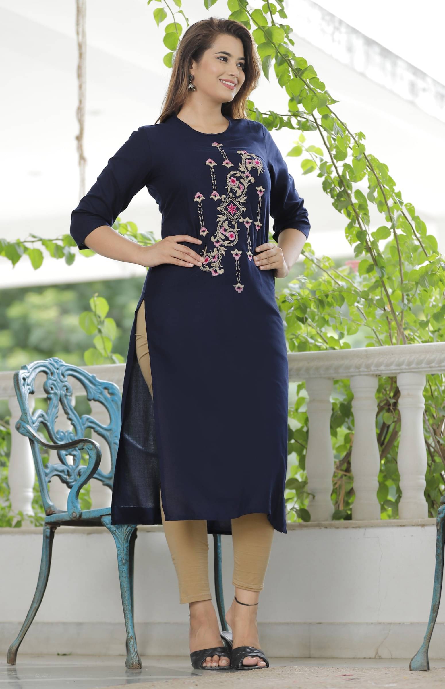 jain creation Women's Viscose Rayon Embroidered Straight Kurti - ( Dark Blue ) jain creation Women's Viscose Rayon Embroidered Straight Kurti - ( Dark Blue )