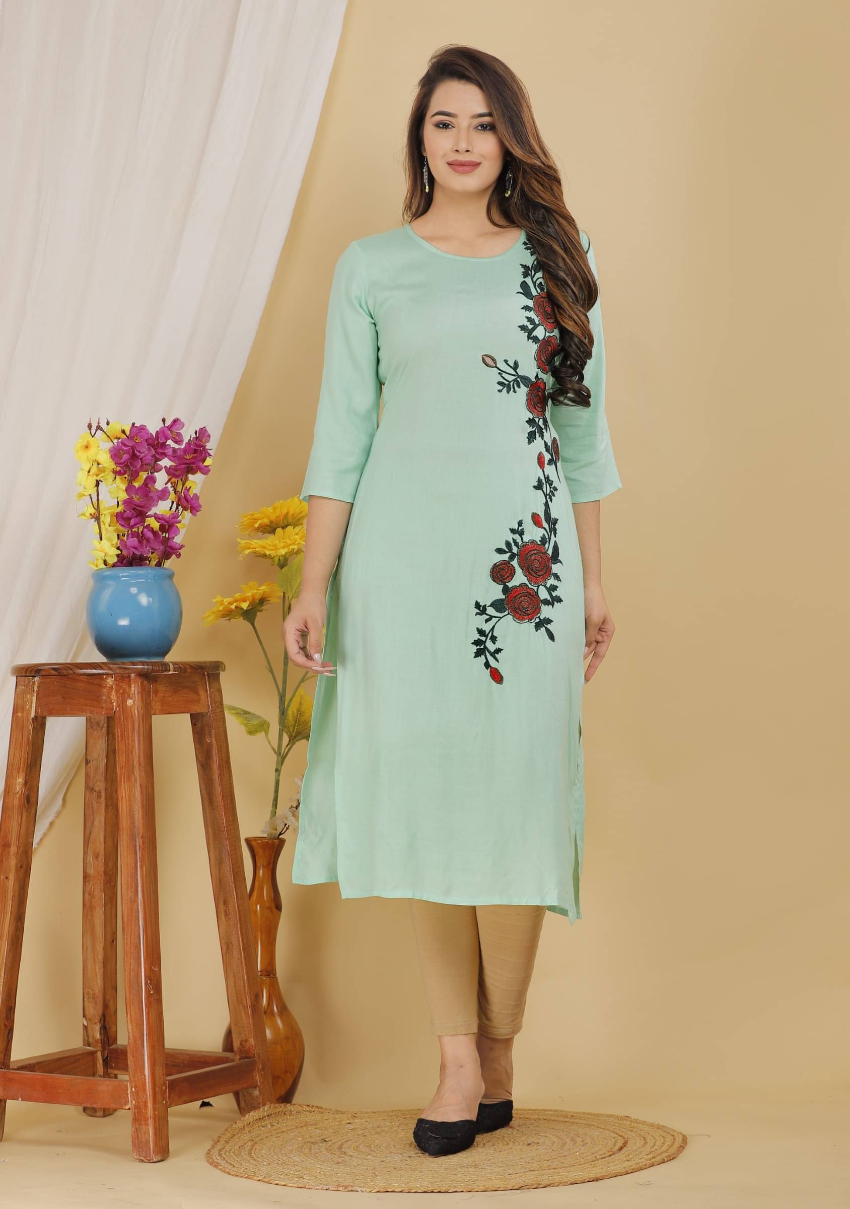 jain creation Women's Viscose Rayon Embroidered Straight Kurti - ( Light Green ) jain creation Women's Viscose Rayon Embroidered Straight Kurti - ( Light Green )