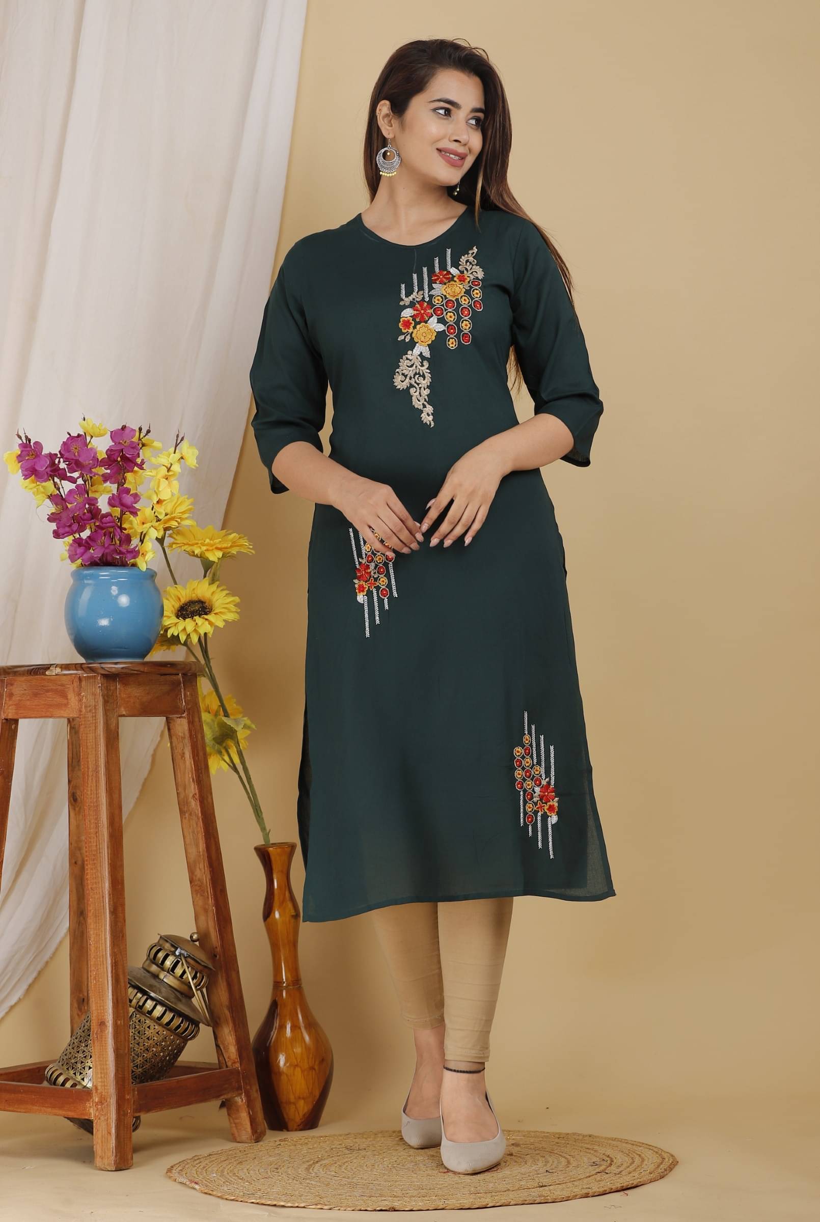 jain creation Women's Viscose Rayon Embroidered Straight Kurti - ( Dark Green ) jain creation Women's Viscose Rayon Embroidered Straight Kurti - ( Dark Green )