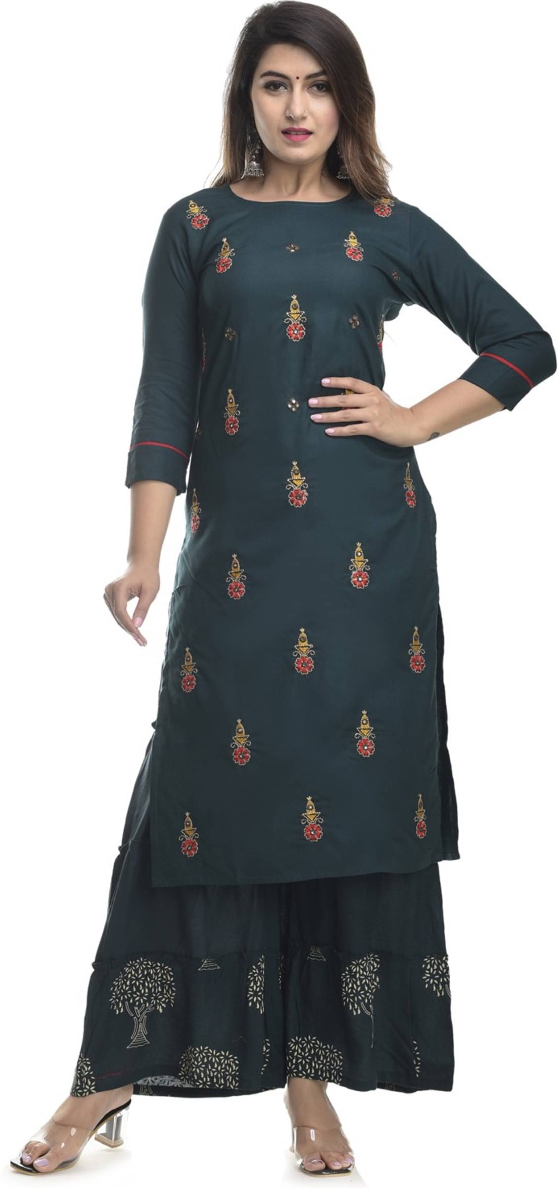     			jain creation Women's Viscose Rayon Embroidered Straight Kurti - ( Dark Green )