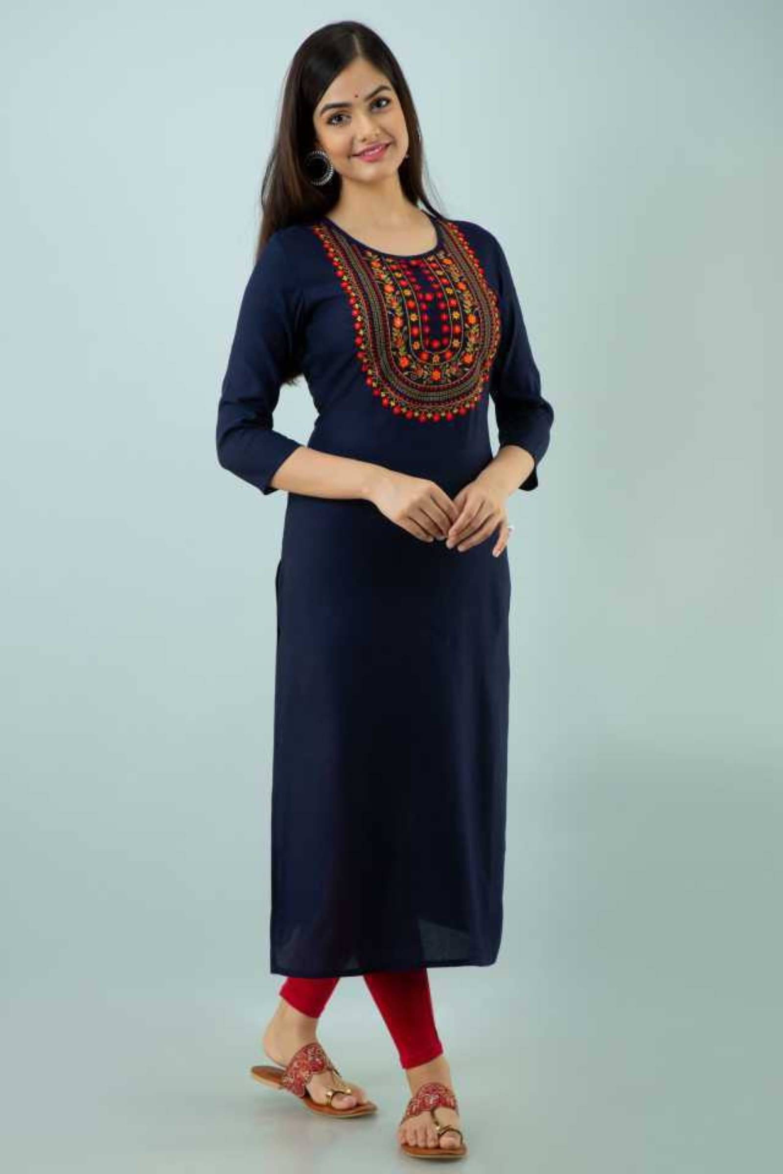     			jain creation Women's Viscose Rayon Embroidered Straight Kurti - ( Dark Blue )