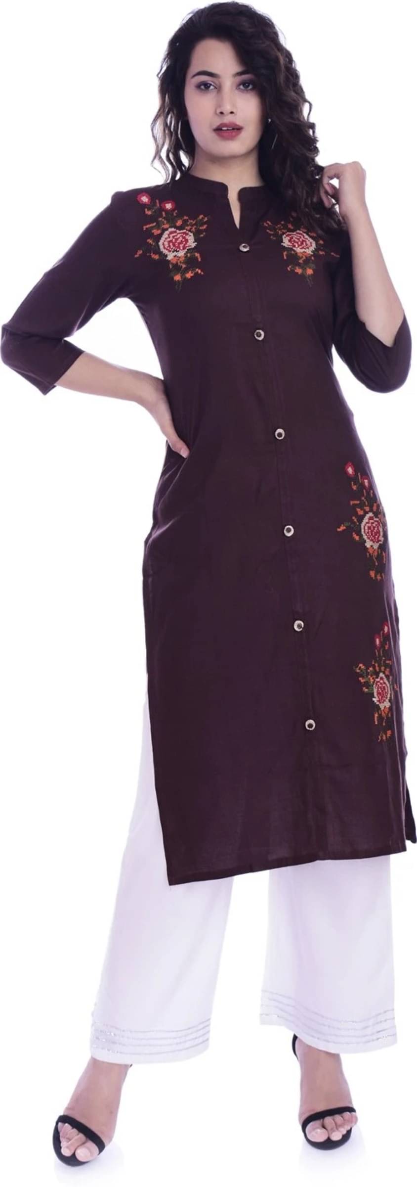     			jain creation Women's Viscose Rayon Embroidered Straight Kurti - ( Brown )