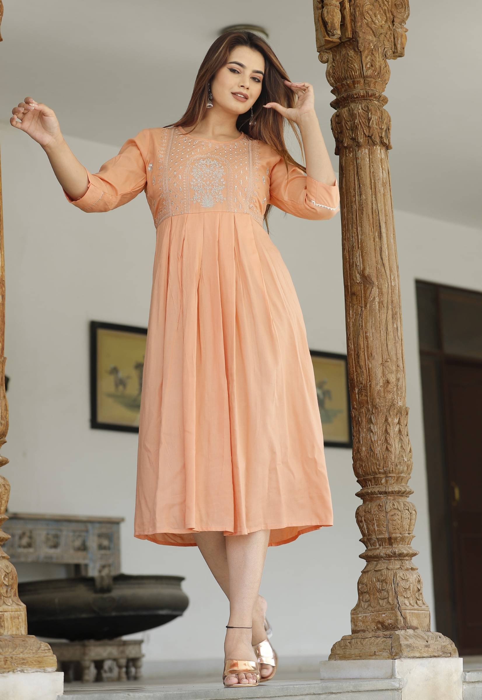     			jain creation Women's Viscose Rayon Embroidered Flared Kurti - ( Orange )