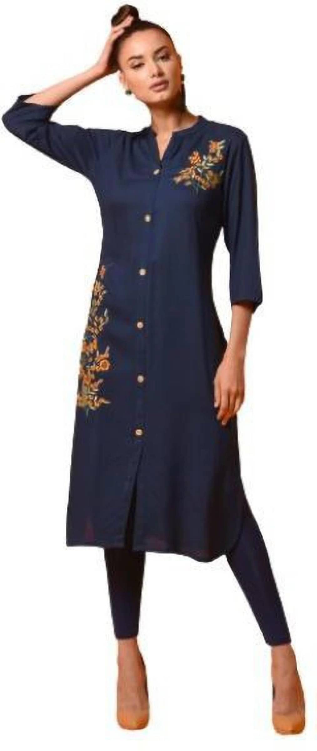jain creation Women's Viscose Rayon Embroidered Straight Kurti - ( Dark Blue ) jain creation Women's Viscose Rayon Embroidered Straight Kurti - ( Dark Blue )