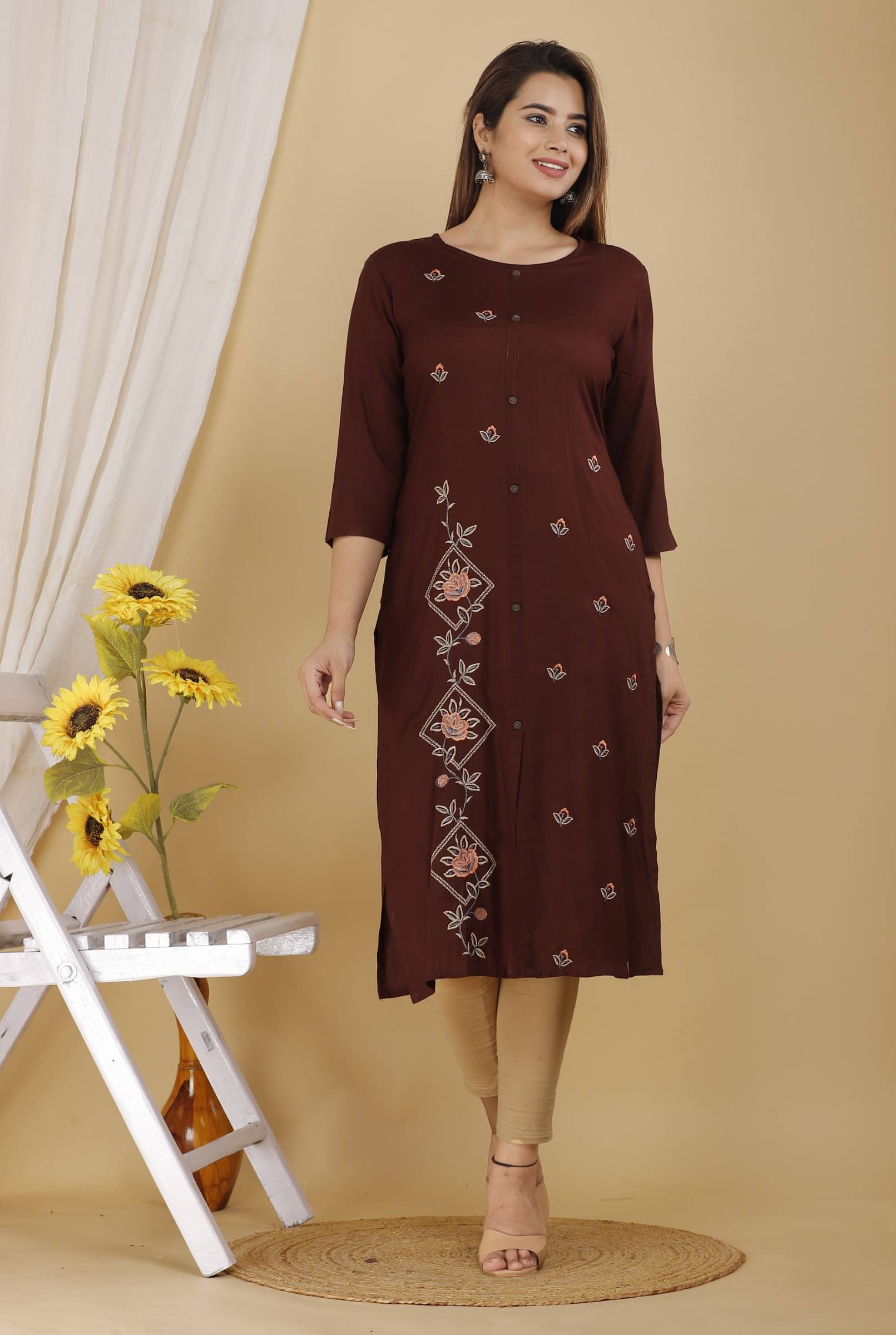 jain creation Women's Viscose Rayon Embroidered Straight Kurti - ( Brown ) jain creation Women's Viscose Rayon Embroidered Straight Kurti - ( Brown )