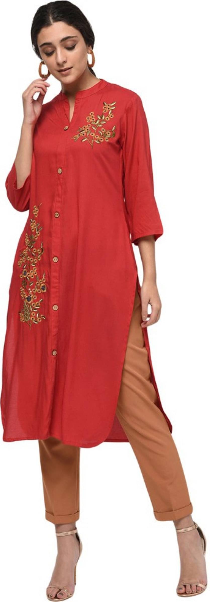 jain creation Women's Viscose Rayon Embroidered Straight Kurti - ( Red ) jain creation Women's Viscose Rayon Embroidered Straight Kurti - ( Red )