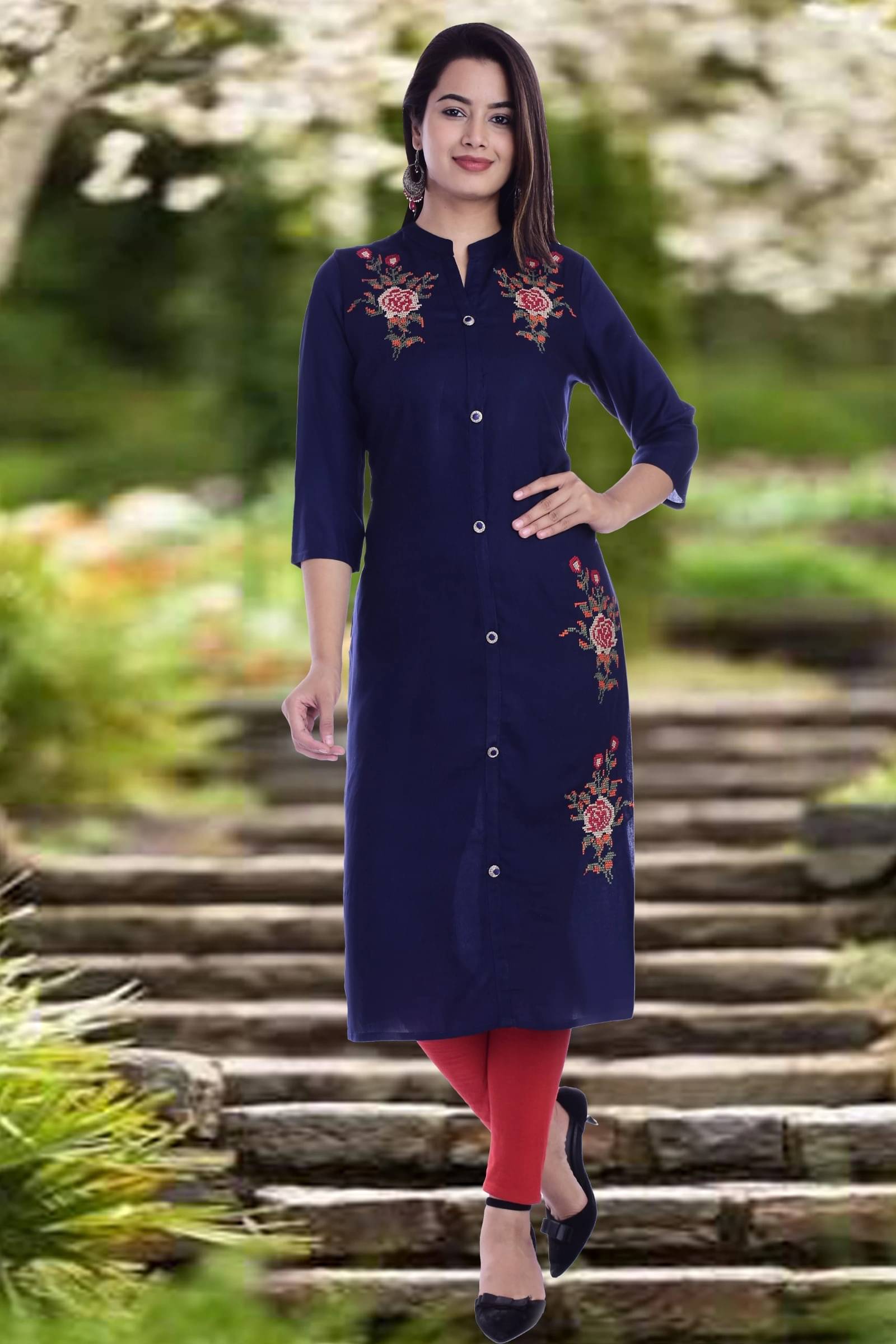 jain creation Women's Viscose Rayon Embroidered Straight Kurti - ( Dark Blue ) jain creation Women's Viscose Rayon Embroidered Straight Kurti - ( Dark Blue )