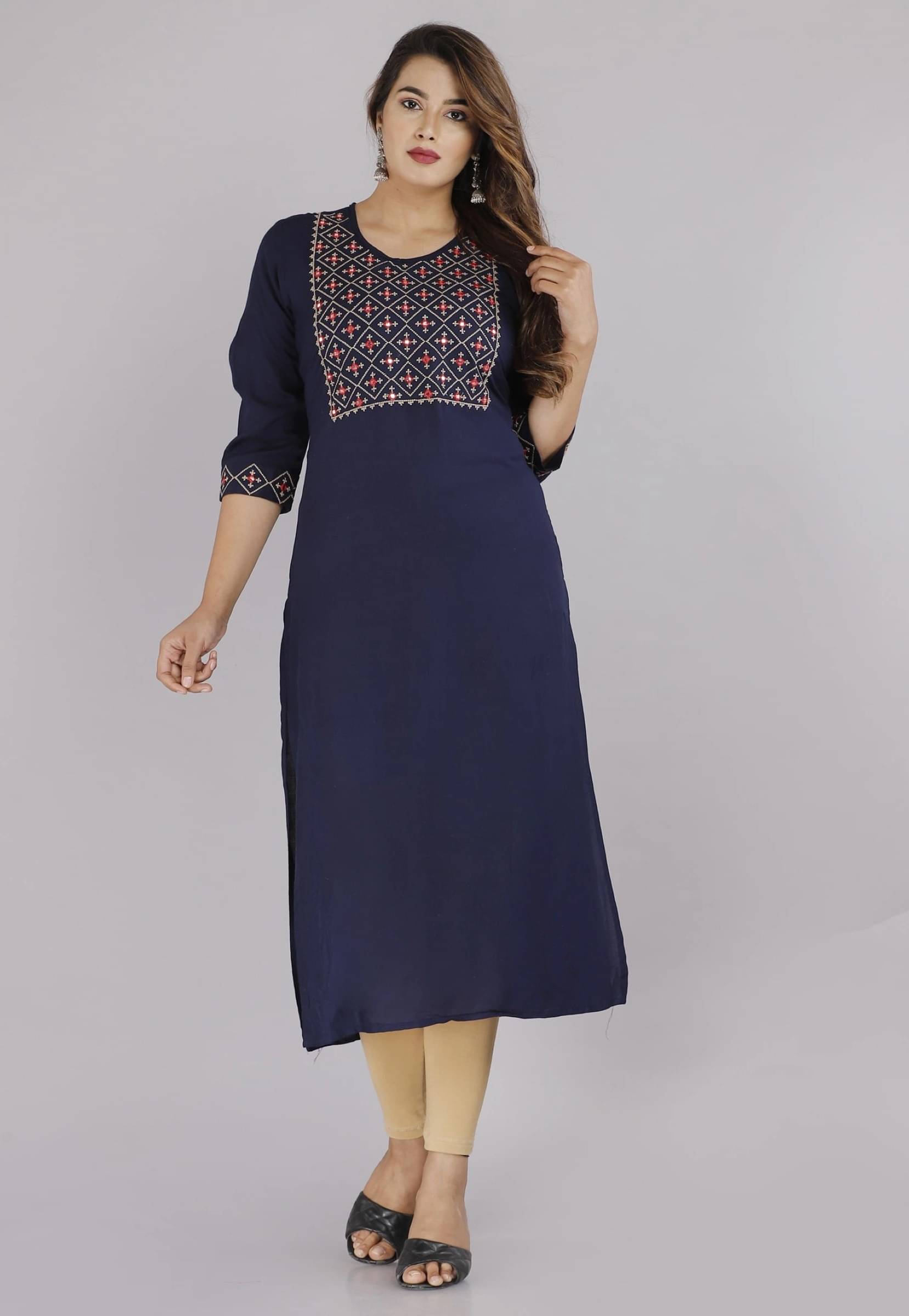     			jain creation Women's Viscose Rayon Embroidered Straight Kurti - ( Dark Blue )