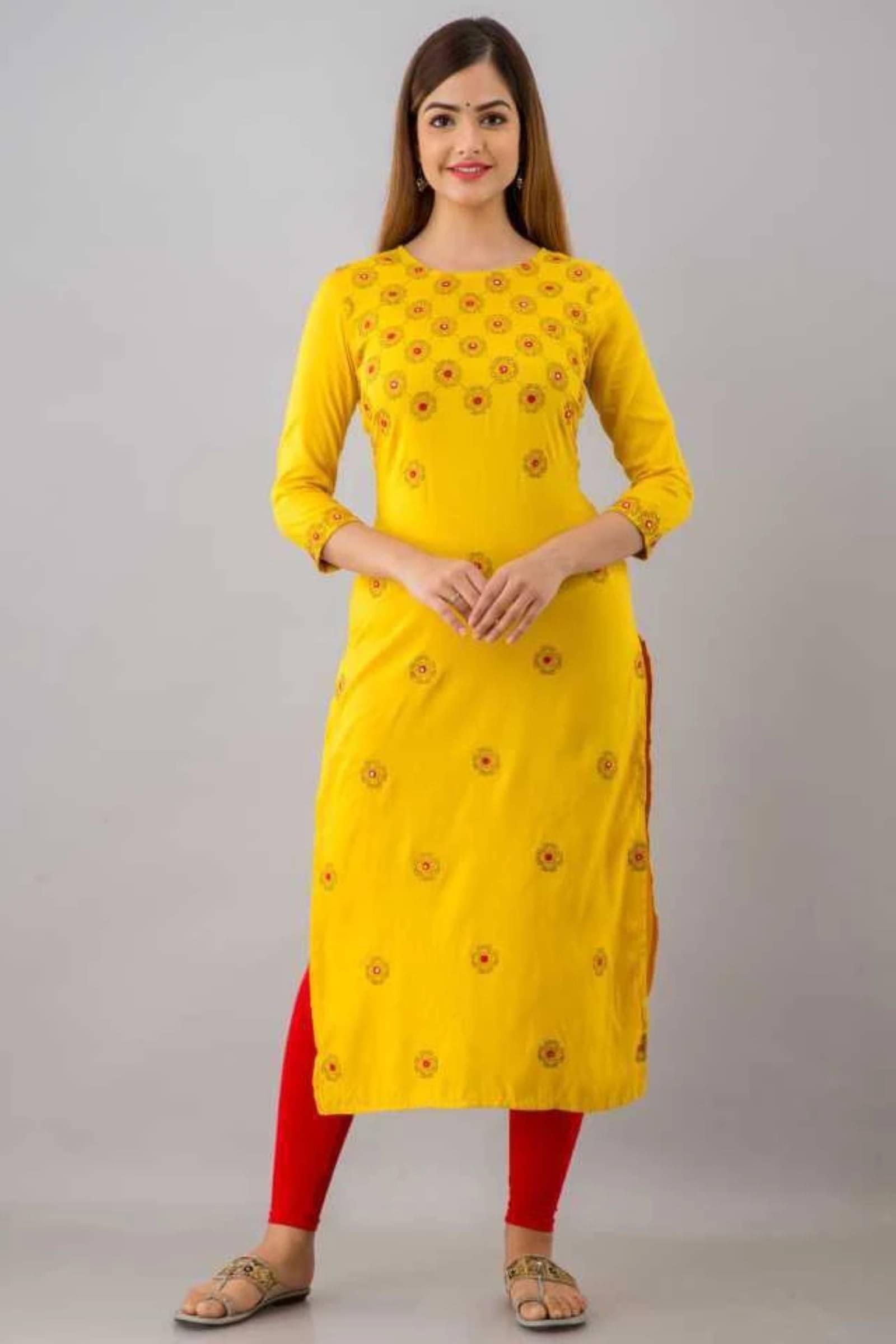     			jain creation Women's Viscose Rayon Embellished Straight Kurti - ( Yellow )
