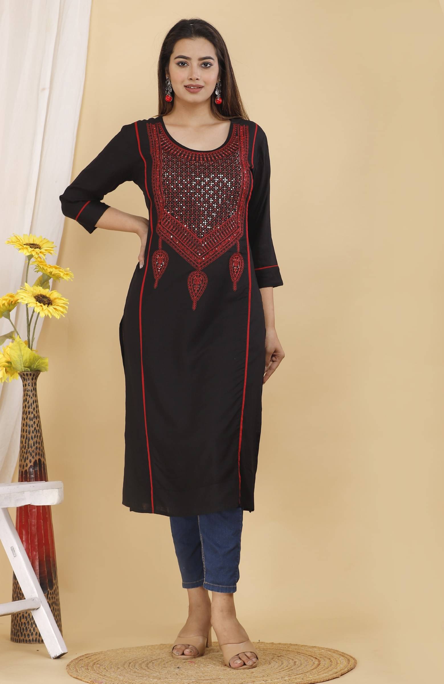 jain creation Women's Viscose Rayon Embroidered Straight Kurti - ( Multicolor ) jain creation Women's Viscose Rayon Embroidered Straight Kurti - ( Multicolor )