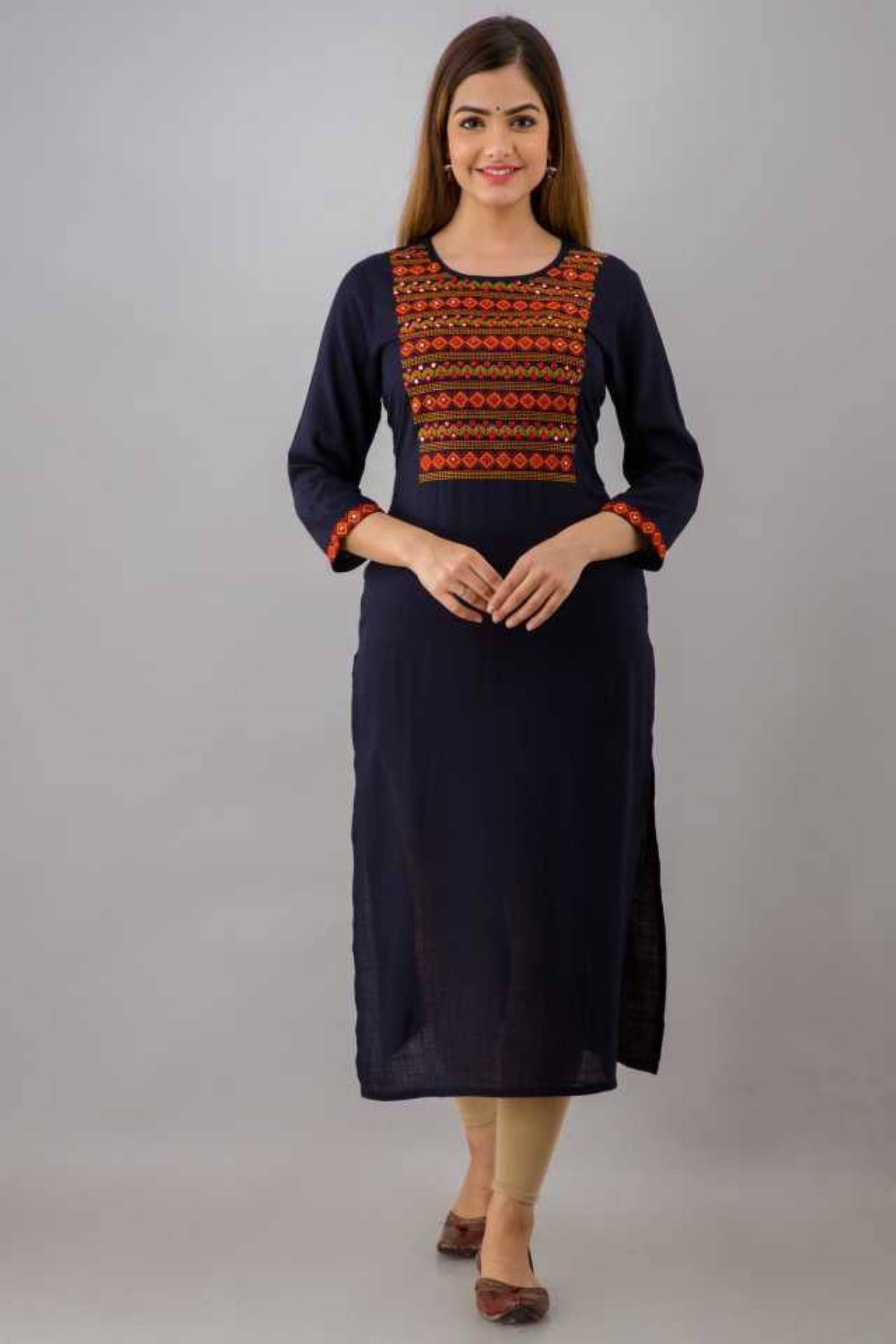 jain creation Women's Viscose Rayon Embroidered Straight Kurti - ( Blue ) jain creation Women's Viscose Rayon Embroidered Straight Kurti - ( Blue )