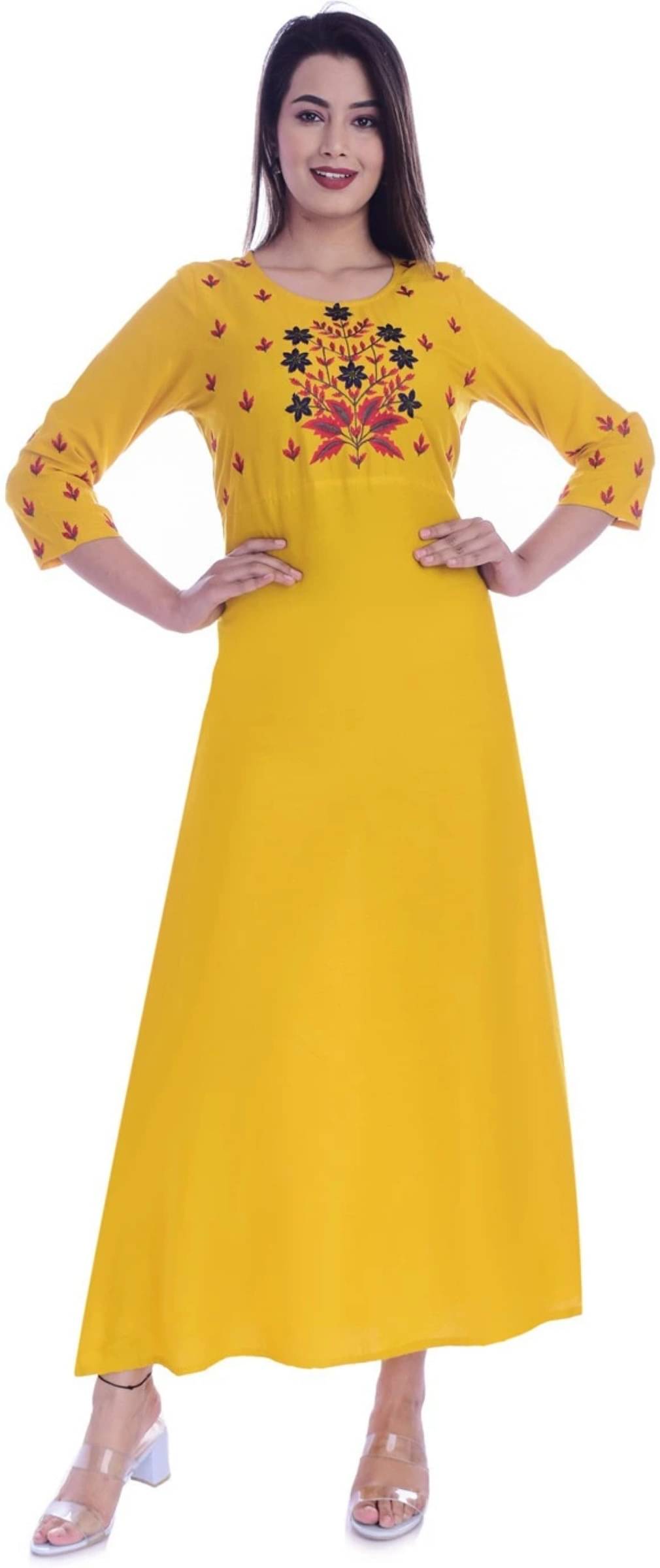     			jain creation Women's Viscose Rayon Embroidered Flared Kurti - ( Yellow )