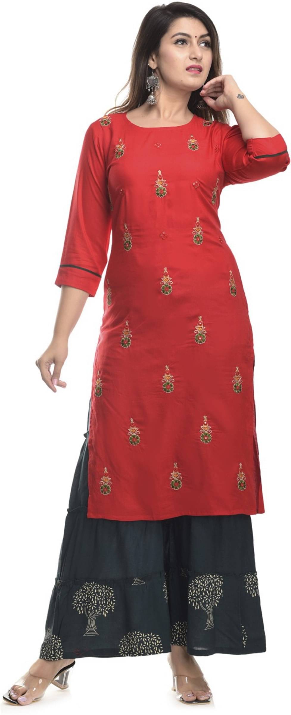 jain creation Women's Viscose Rayon Embroidered Straight Kurti - ( Red ) jain creation Women's Viscose Rayon Embroidered Straight Kurti - ( Red )